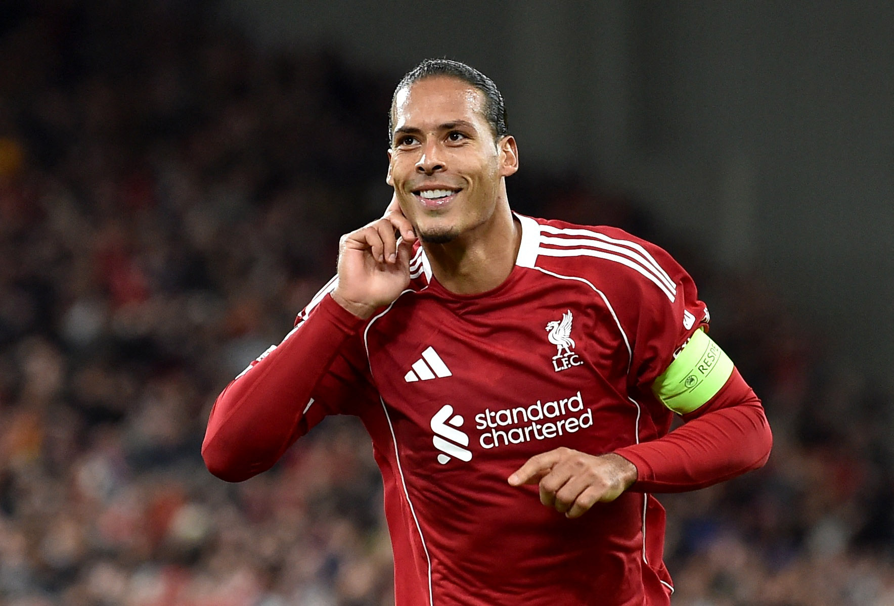 Virgil van Dijk celebrates scoring the late winner for Liverpool