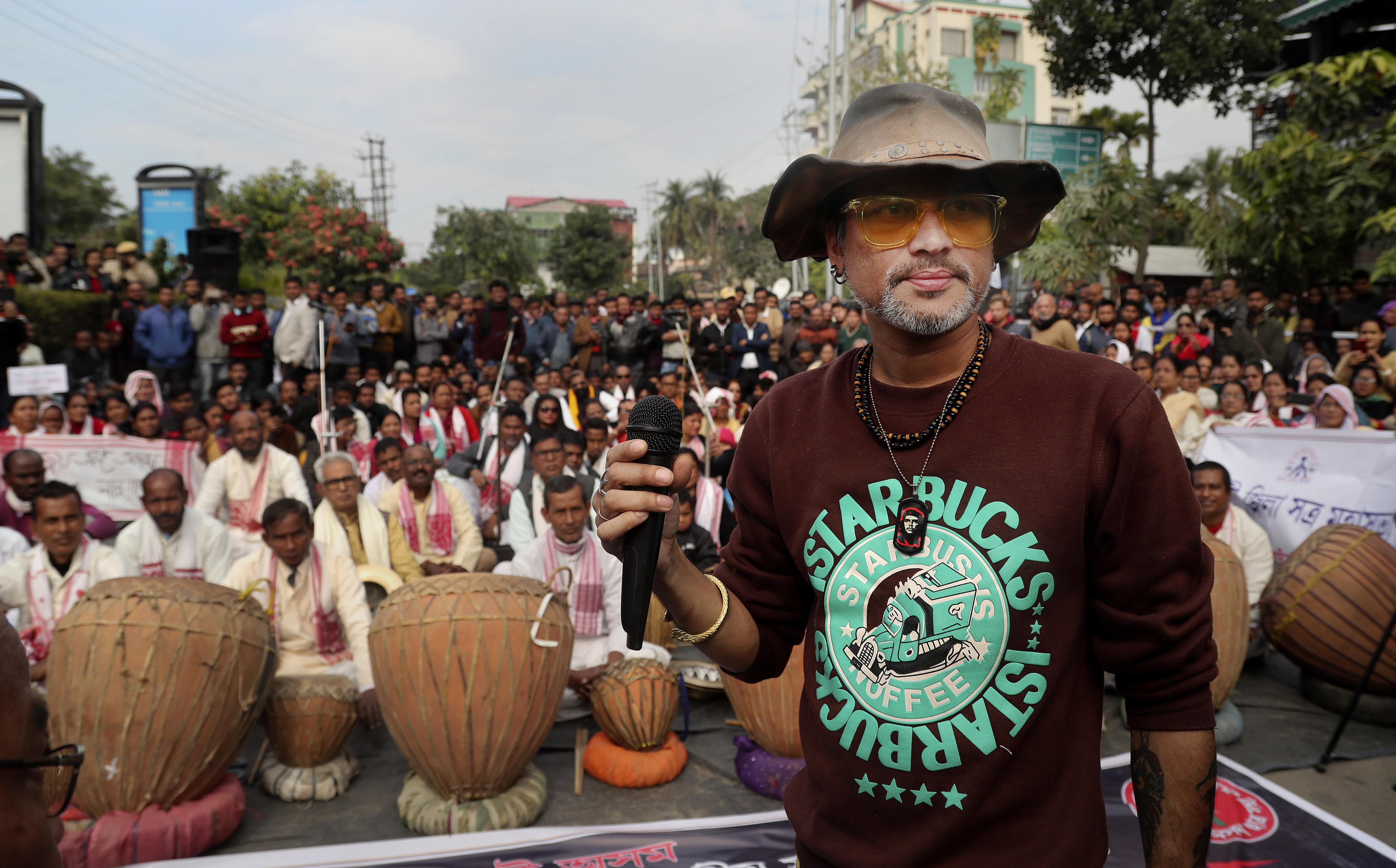 Bollywood and Assamese singer Zubeen Garg, centre, sings during a protest rally by the All Assam Students’ Union and 30 other Indigenous organisations against the Citizenship Amendment Act in Guwahati, Assam, India, on January 9, 2020