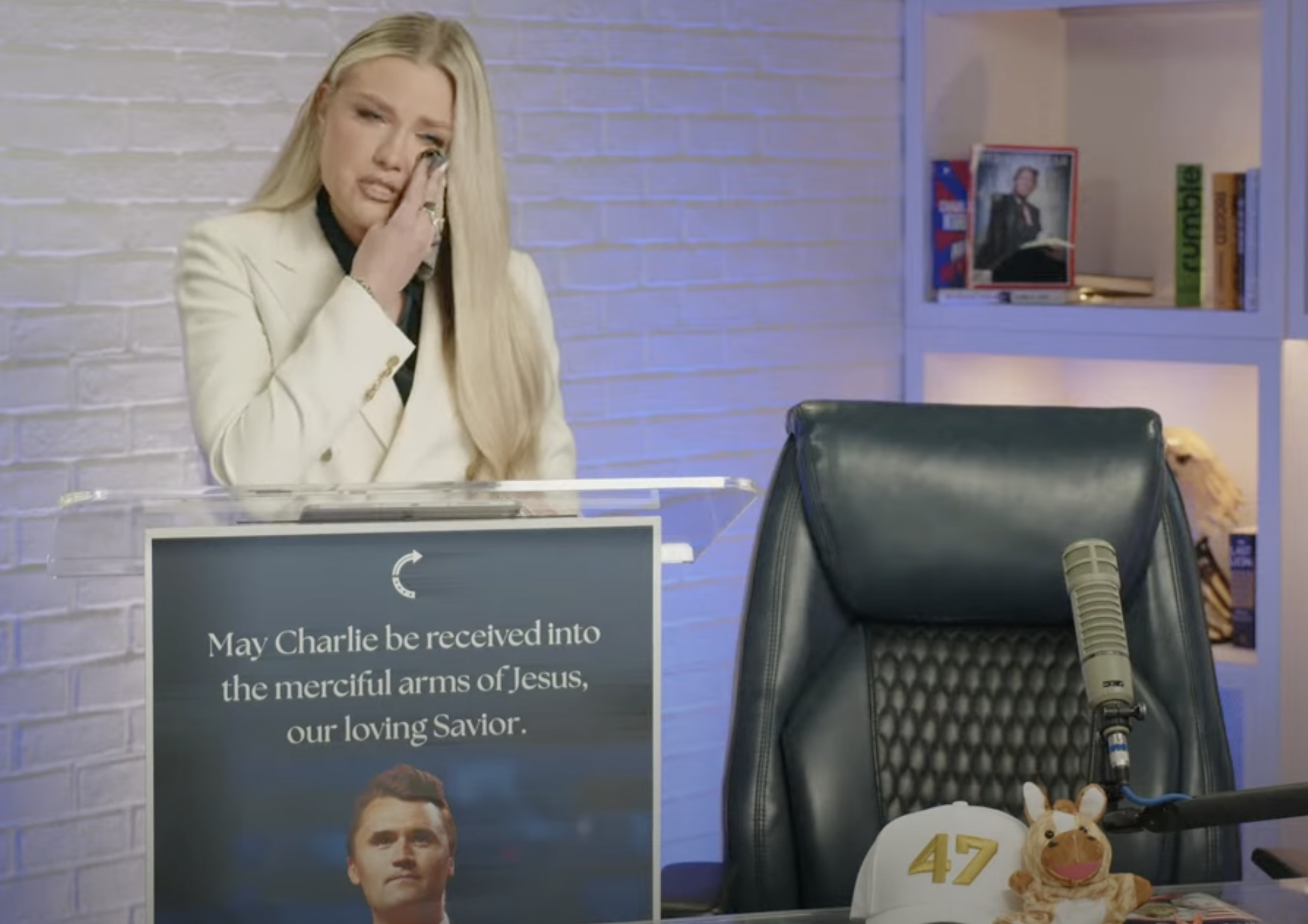 Erika Kirk, Charlie Kirk's widow, speaks on Friday for the first time since her husband was murdered. [Screenshot of Turning Point USA livestream]