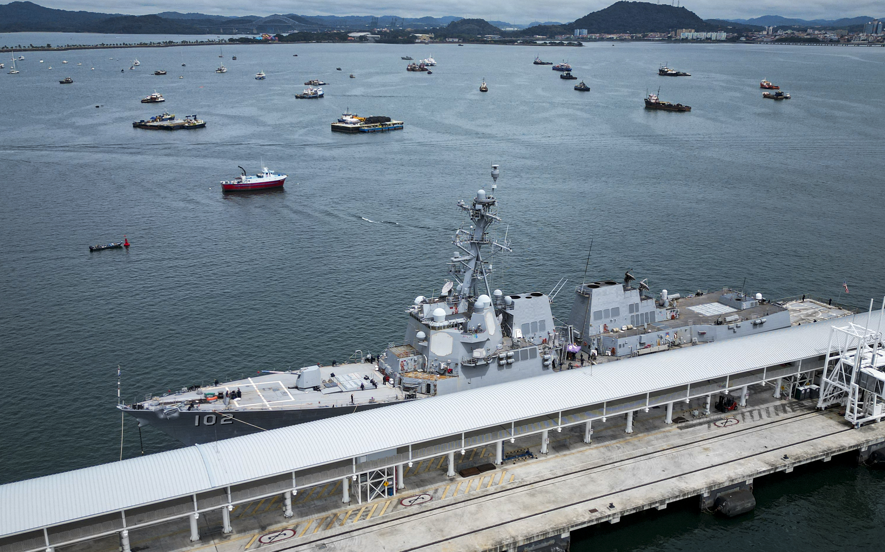 The US Navy warship USS Sampson (DDG 102) docks at the Amador International Cruise Terminal in Panama City on September 02, 2025.
