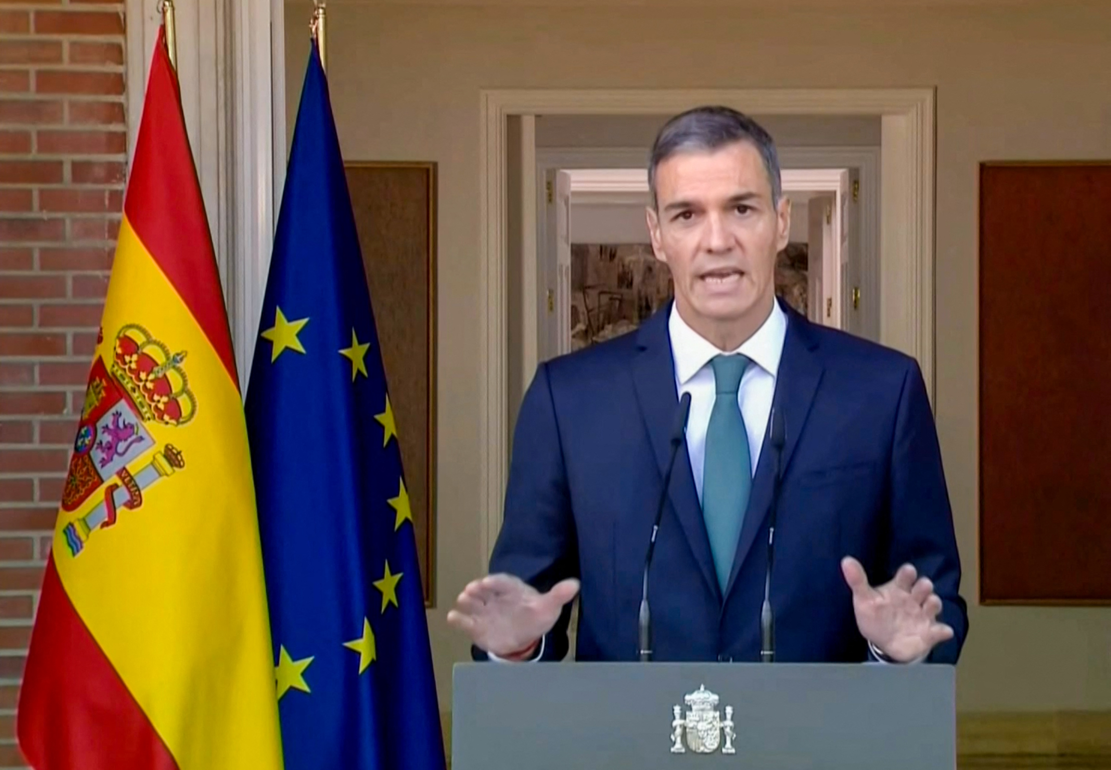 In this still image from video released on September 8, 2025 by the Moncloa Palace Spanish Prime Minister Pedro Sanchez announces several measures including an arms embargo on Israel and a ban on ships carrying fuel for Israeli military personnel from docking in Spanish ports, to "stop the genocide in Gaza."