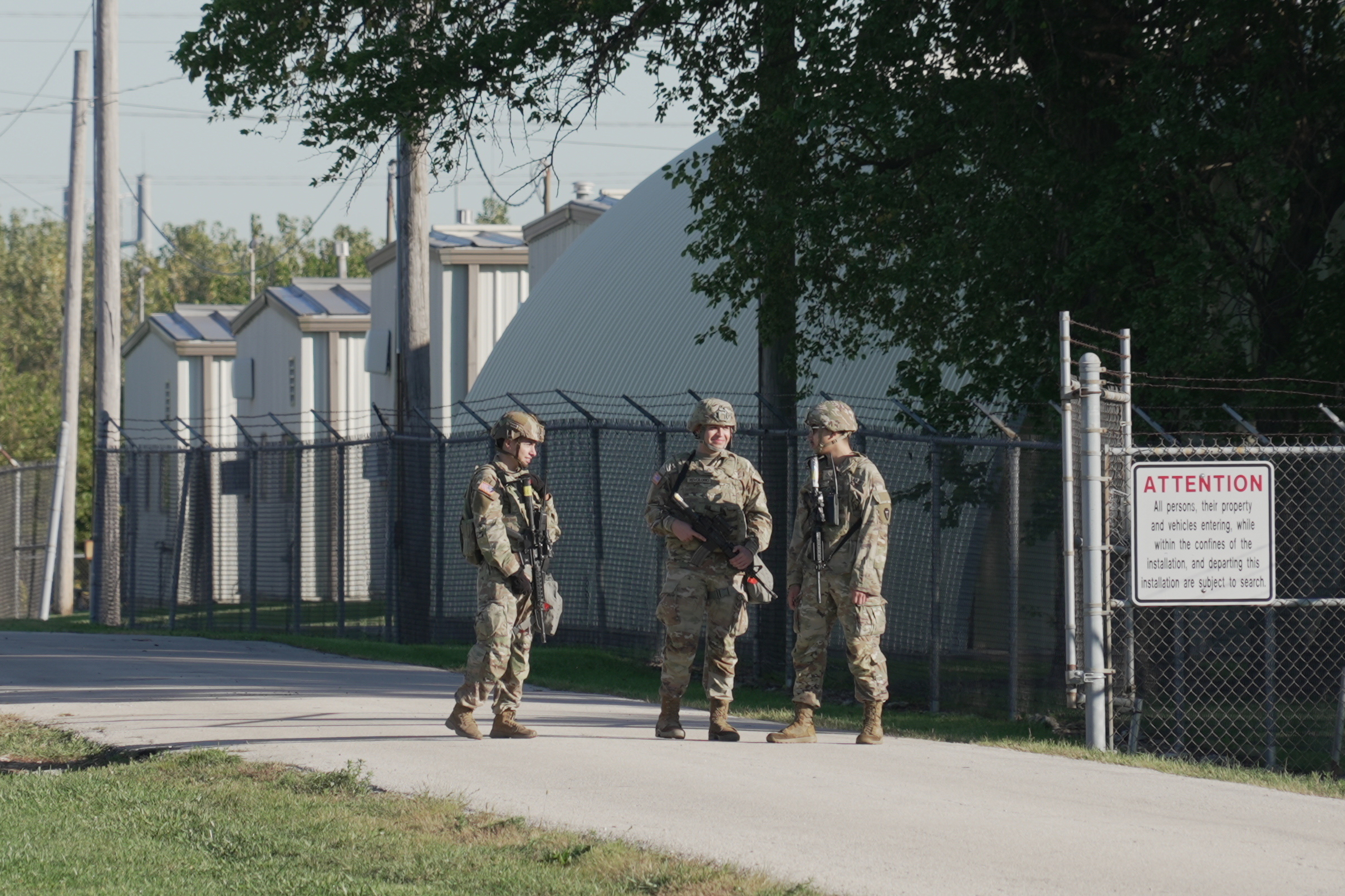 Texas National Guard troops in front of a federal property in Elwood, Illinois