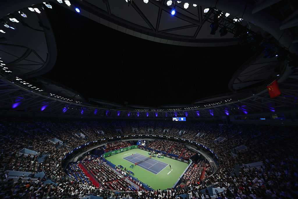 General views of Novak Djokovic of Serbia returns a shot against Jaume Munar of Spain in the Men's singles round of 16 match on Day 9 of 2025 Shanghai Rolex Masters at Qi Zhong Tennis Center on October 07, 2025 in Shanghai, China