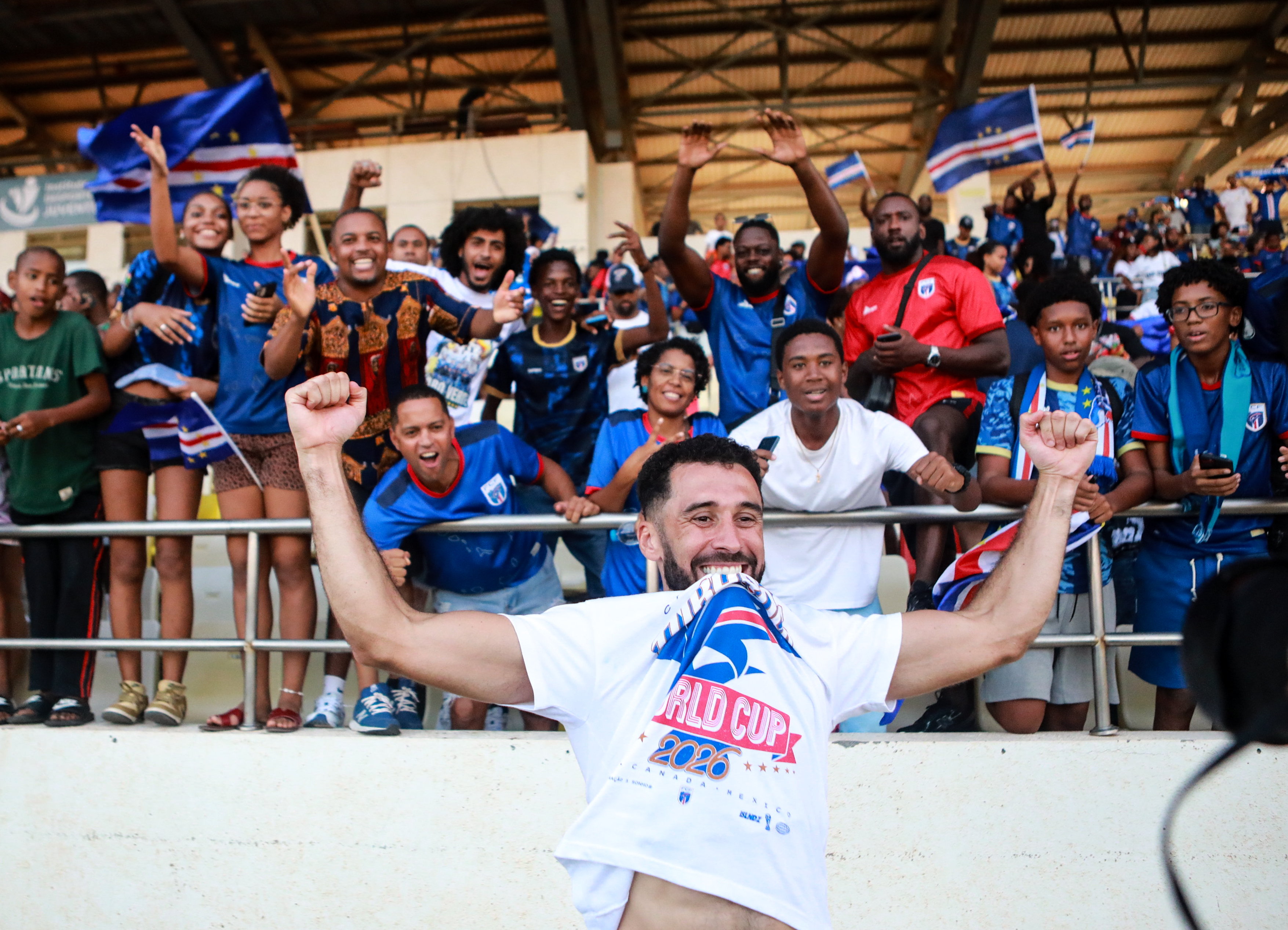Lopes celebrates his side’s qualification for the 2026 FIFA World Cup with supporters at Estadio Nacional de Cabo Verde in Praia, Cape Verde