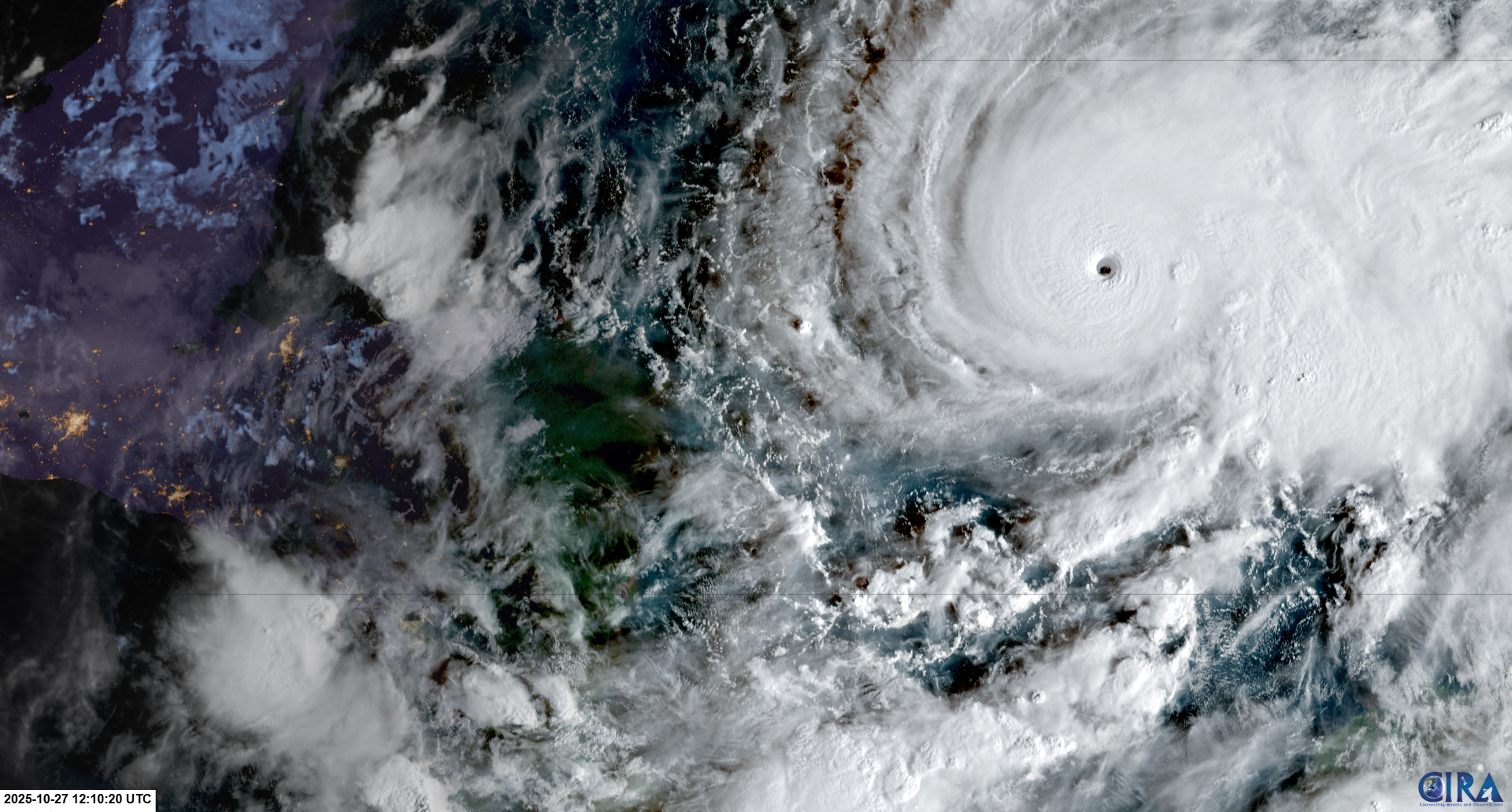 This RAMMB/CIRA handout satellite image shows Hurricane Melissa southeast of Jamaica at 12:10 UTC on October 27, 2025.