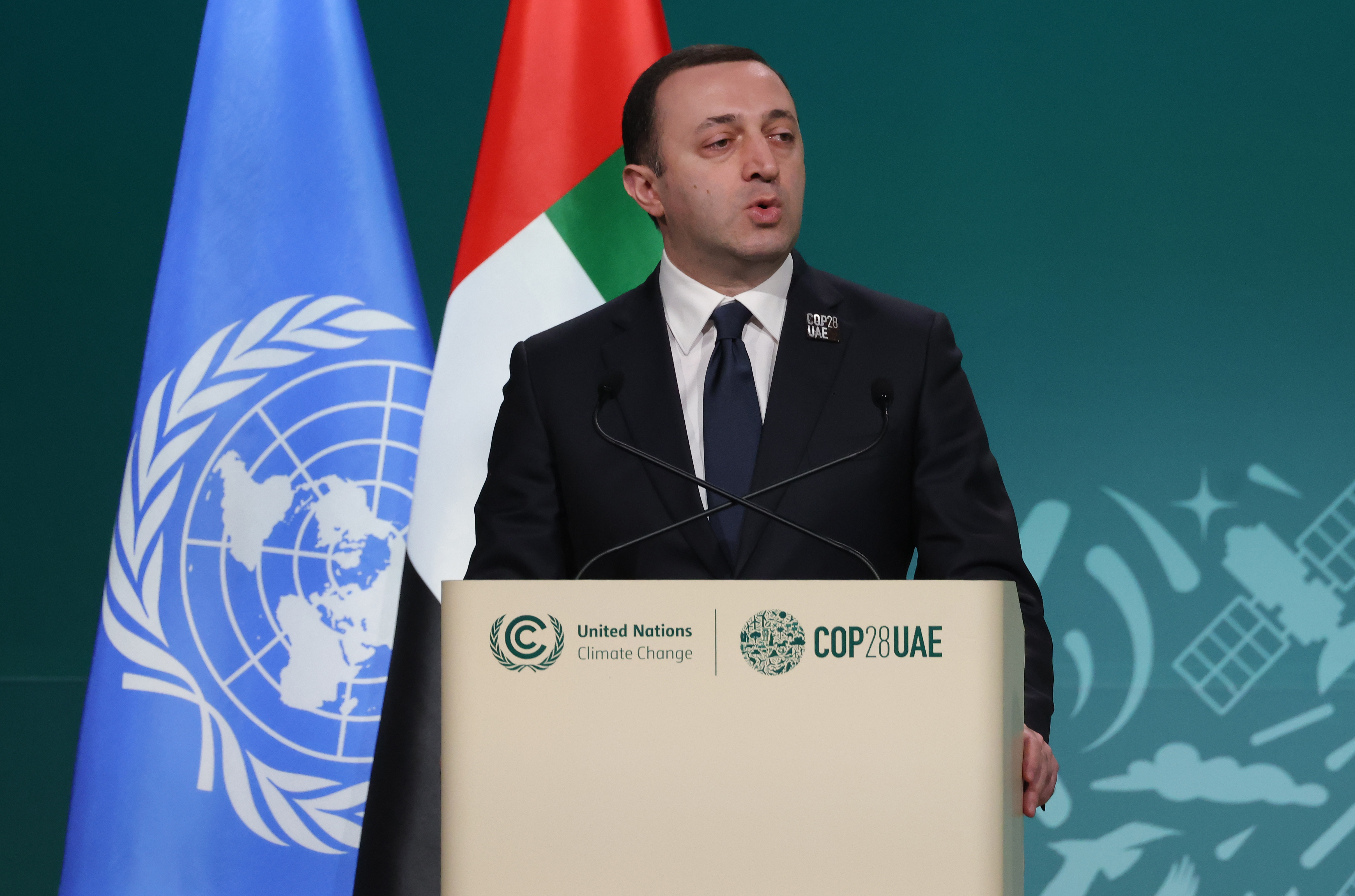 DUBAI, UNITED ARAB EMIRATES - DECEMBER 02: Irakli Garibashvili, Prime Minister of Georgia, speaks during day two of the high-level segment of the UNFCCC COP28 Climate Conference at Expo City Dubai on December 02, 2023 in Dubai, United Arab Emirates. The COP28, which is running from November 30 through December 12, brings together stakeholders, including international heads of state and other leaders, scientists, environmentalists, indigenous peoples representatives, activists and others to discuss and agree on the implementation of global measures towards mitigating the effects of climate change. (Photo by Sean Gallup/Getty Images)