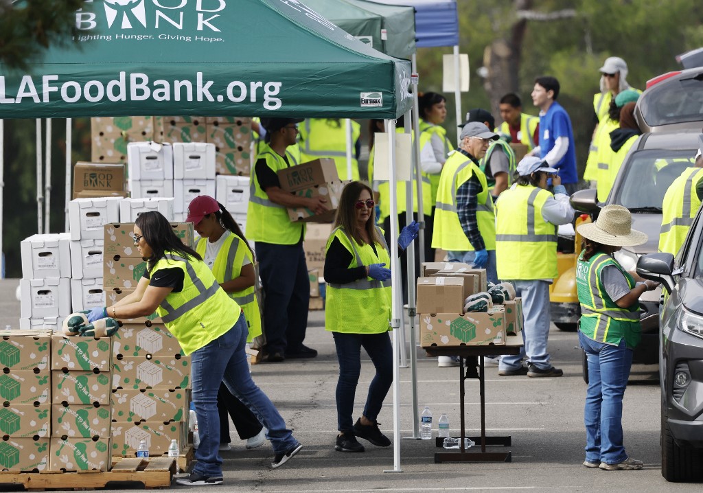 Workers and volunteers help distribute food boxes.