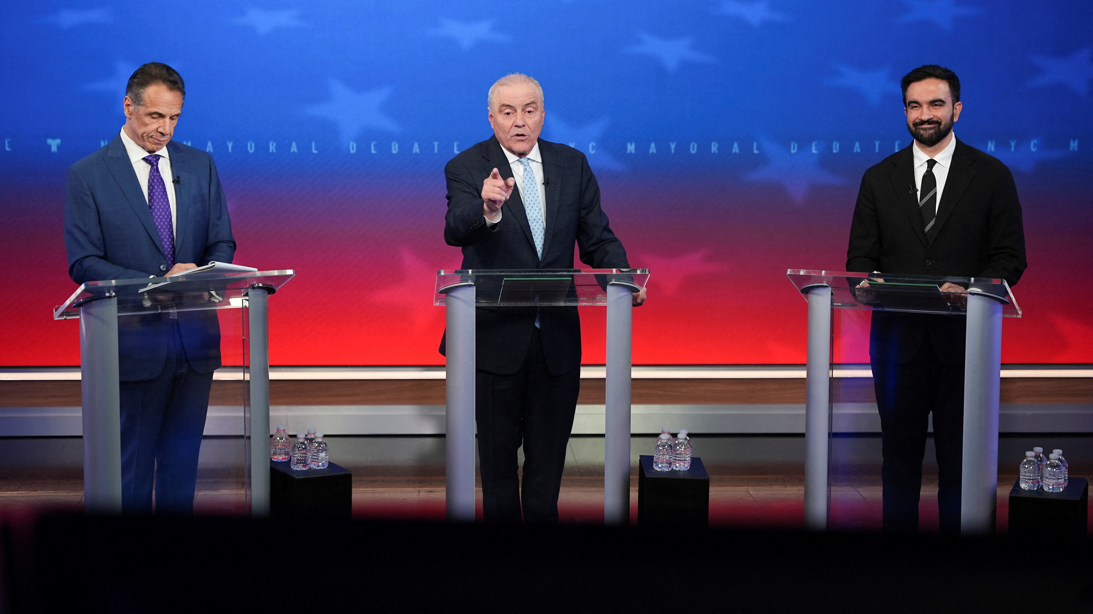 Curtis Sliwa speaks during a mayoral debate with independent candidate former New York Governor Andrew Cuomo and Democratic candidate Zohran Mamdani