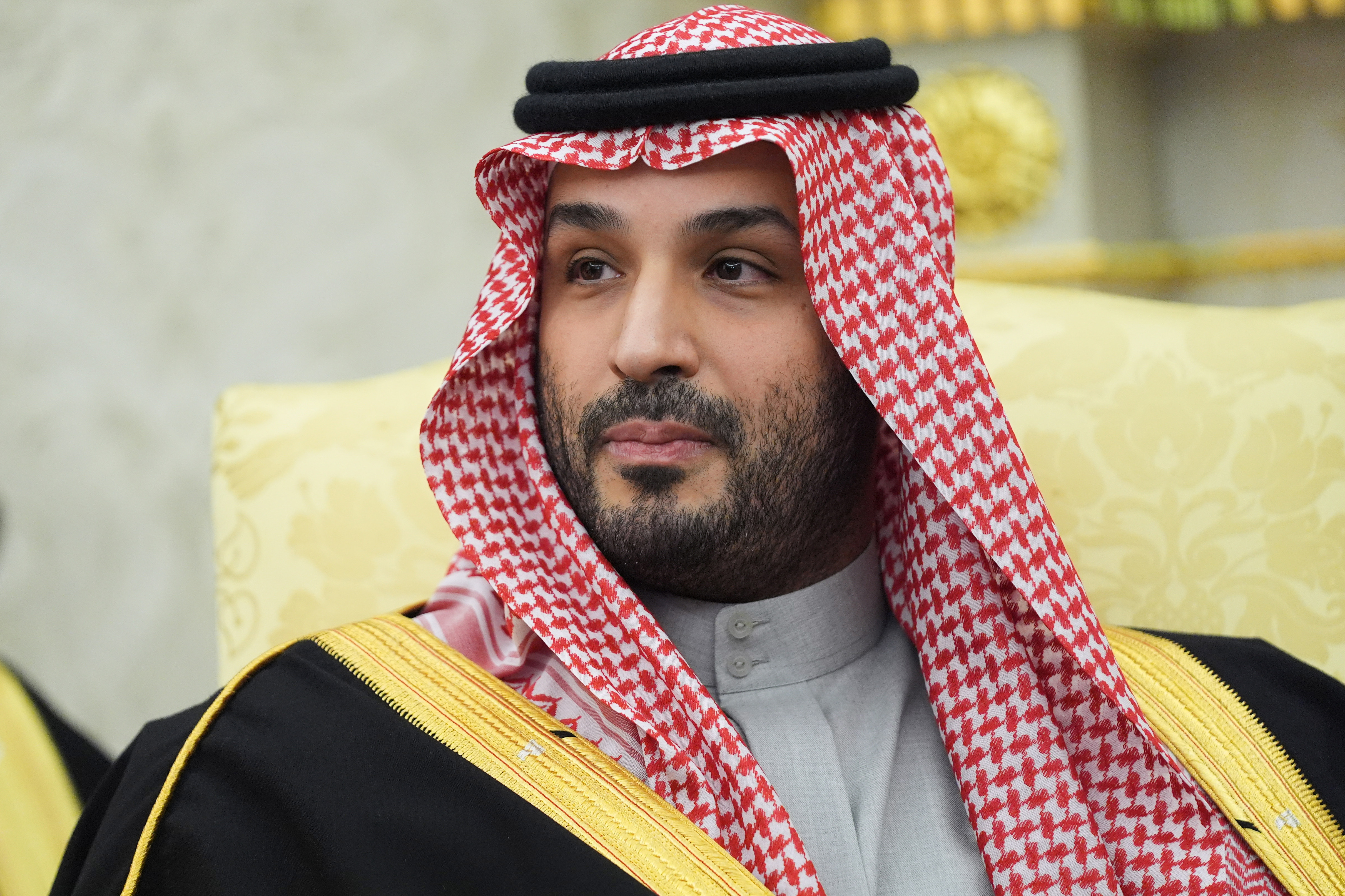 Saudi Arabia's Crown Prince Mohammed bin Salman listens as a reporter asks a question during a meeting with President Donald Trump in the Oval Office of the White House, Tuesday, Nov. 18, 2025, in Washington. [Evan Vucci/AP Photo] (AP Photo)