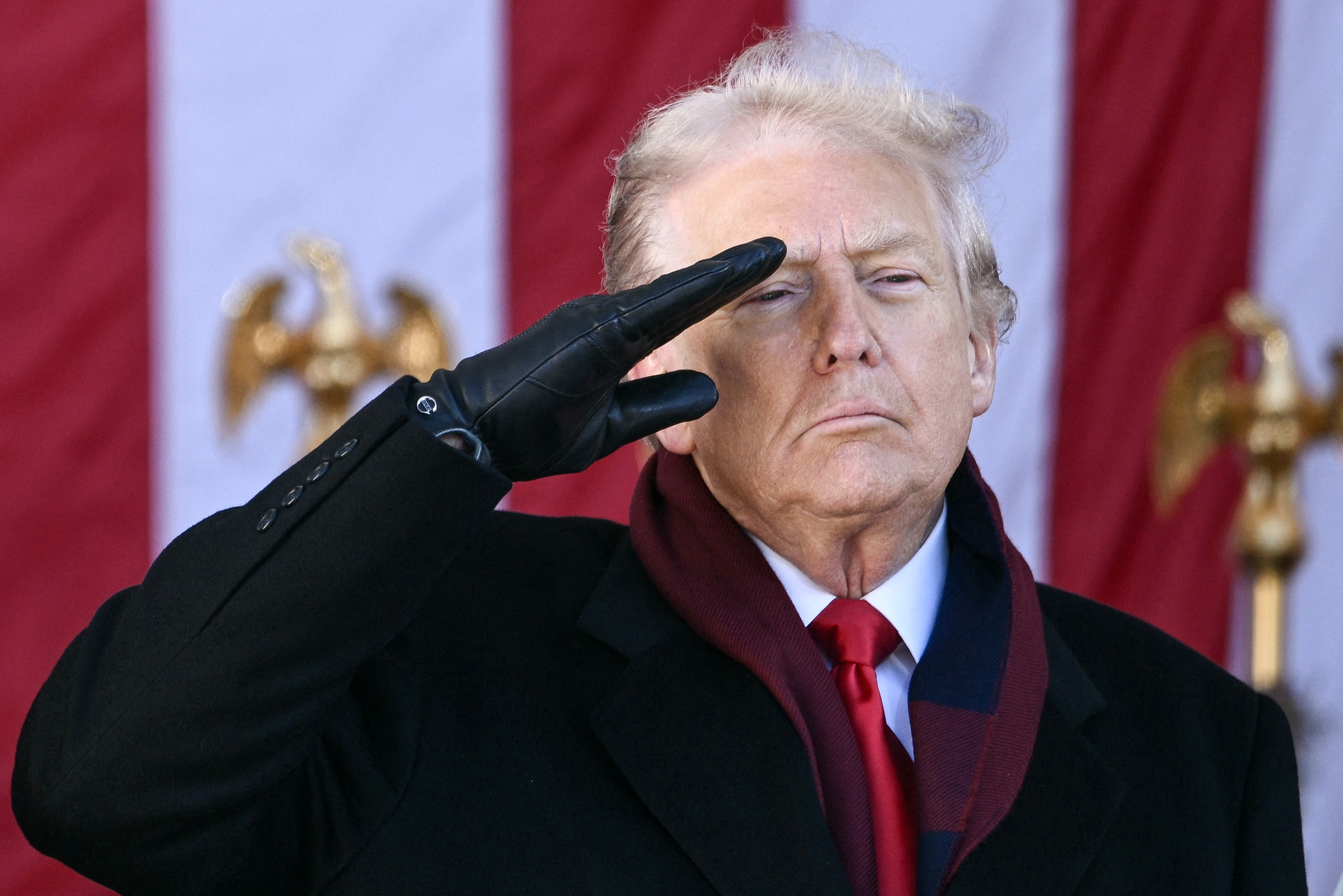 US President Donald Trump salutes at the conclusion of a Veterans Day ceremony at Arlington National Cemetery in Arlington, Virginia on November 11, 2025. (Photo by Brendan SMIALOWSKI / AFP)