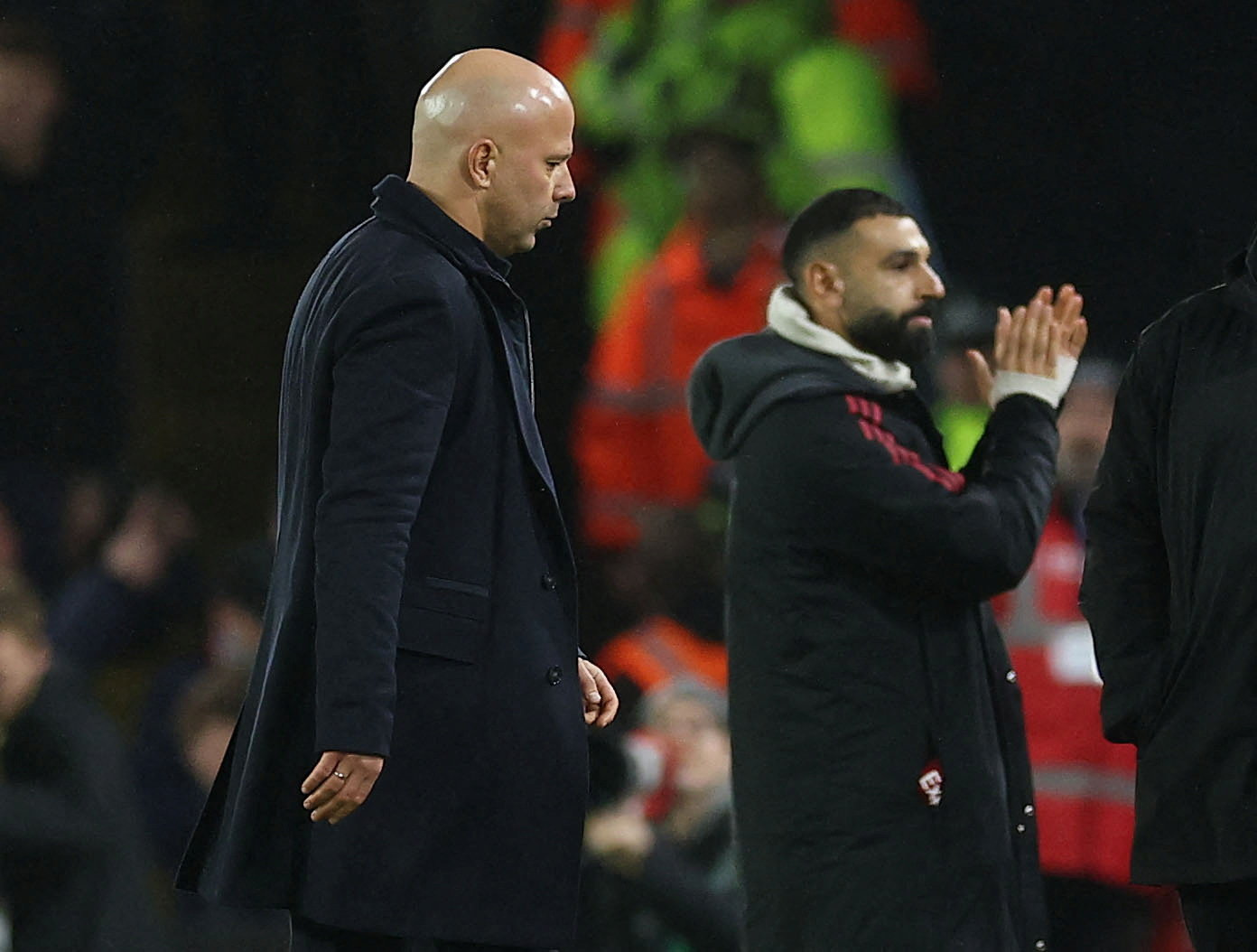 Liverpool manager Arne Slot and Mohamed Salah after a Premier League match