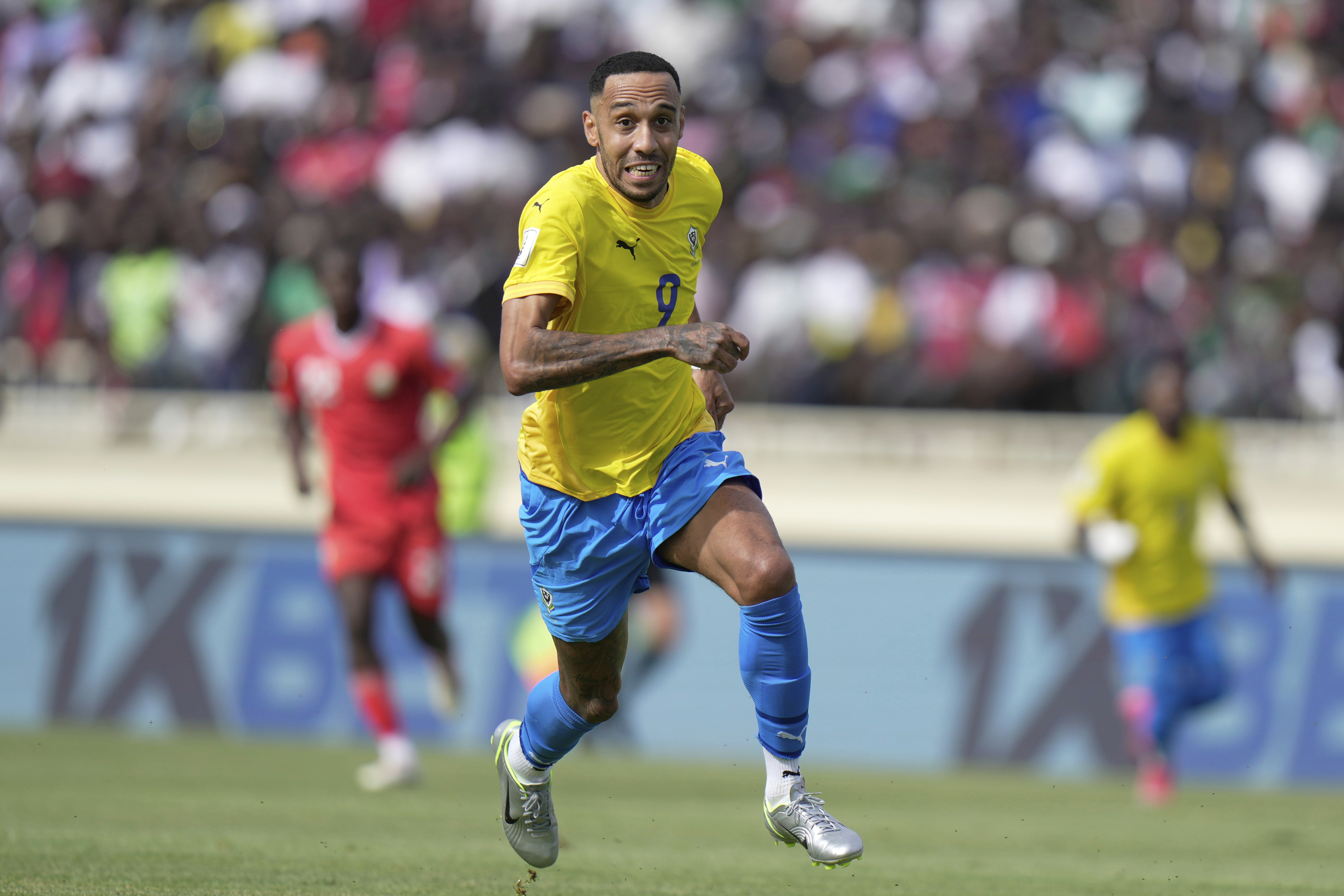 Gabon's Pierre-Emerick Aubameyang runs during the World Cup group F qualifying soccer match between Kenya and Gabon at the Nyayo national stadium in Nairobi, Kenya, Sunday March 23, 2025. (AP Photo/Brian Inganga)