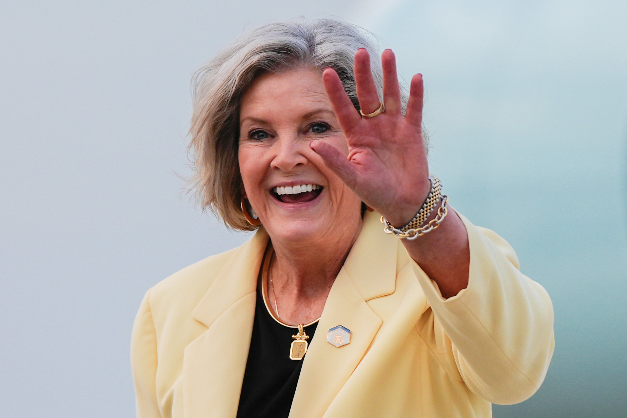 FILE - White House Chief of Staff Susie Wiles waves after disembarking Air Force One, June 25, 2025, at Joint Base Andrews, Md. (AP Photo/Julia Demaree Nikhinson, File)