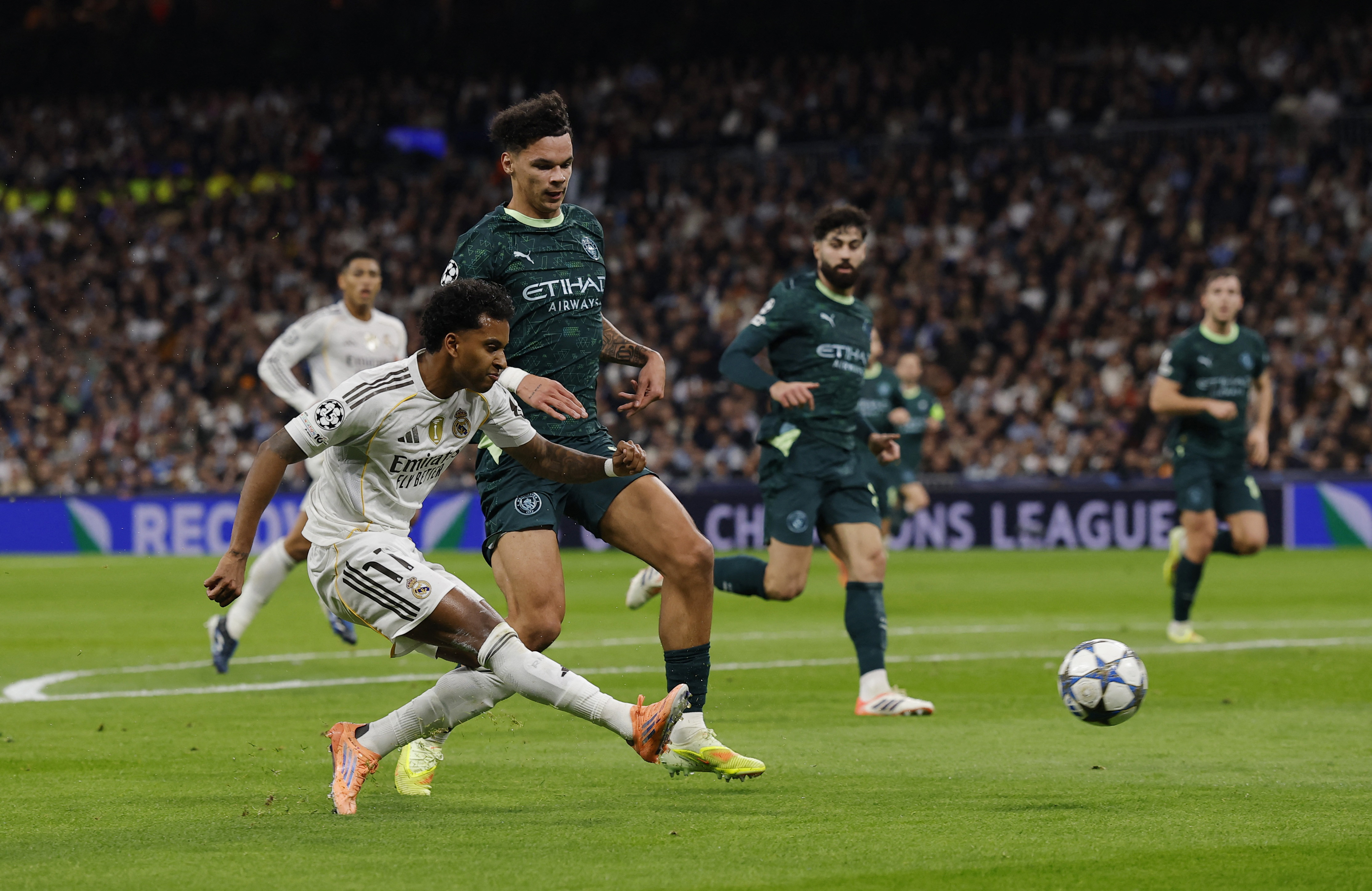 Soccer Football - UEFA Champions League - Real Madrid v Manchester City - Santiago Bernabeu, Madrid, Spain - December 10, 2025 Real Madrid's Rodrygo scores their first goal Action Images via Reuters/Andrew Couldridge