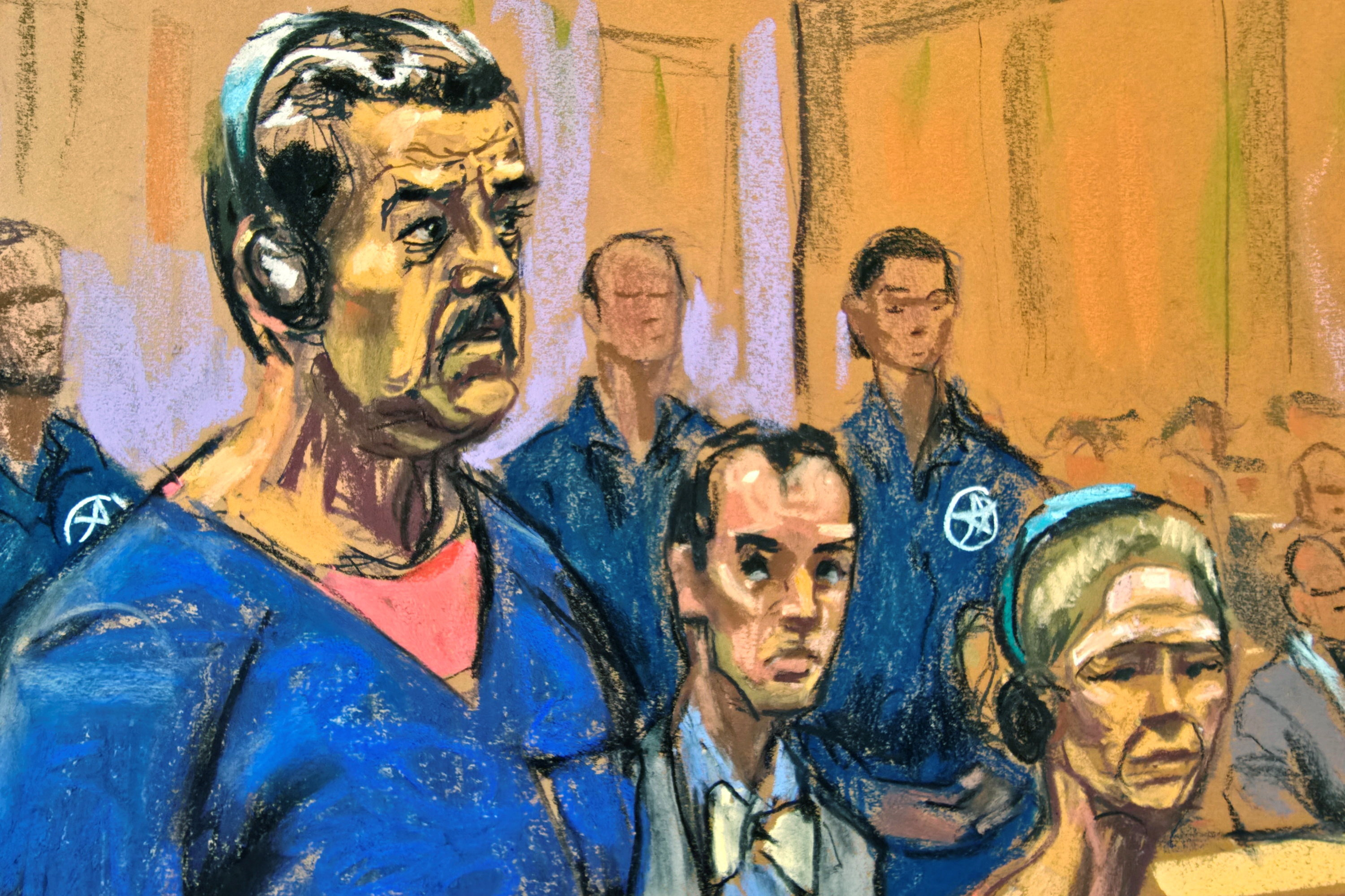Sketch of Maduro in court in a blue jumpsuit
