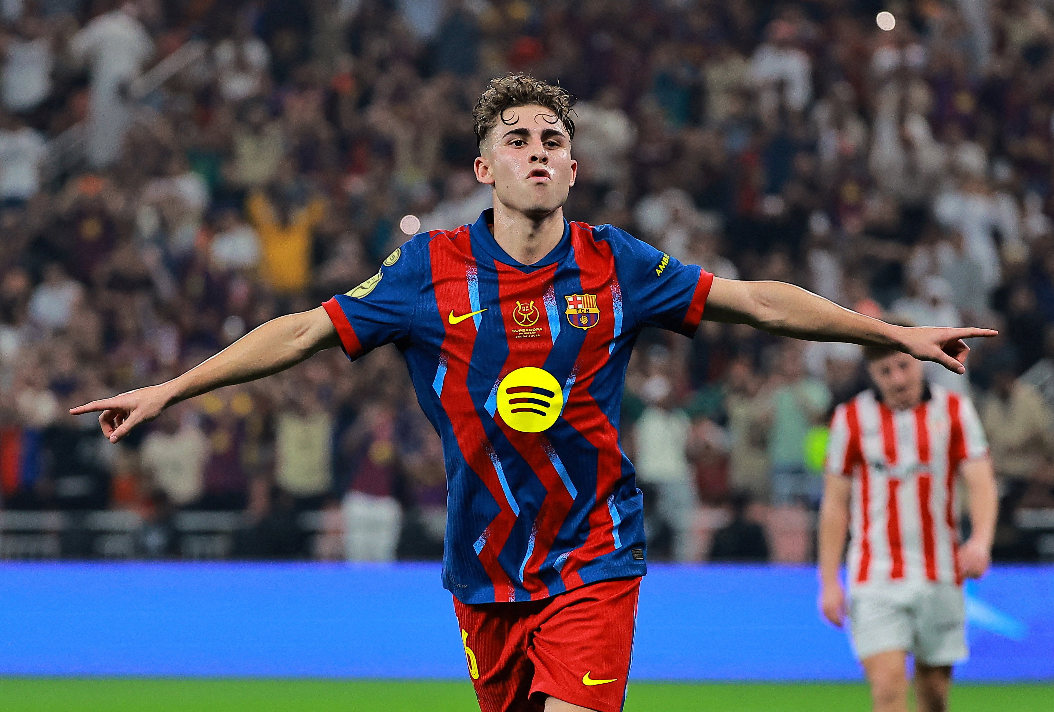 Soccer Football - Spanish Super Cup - Semi Final - FC Barcelona v Athletic Bilbao - King Abdullah Sports City, Jeddah, Saudi Arabia - January 7, 2026 FC Barcelona's Fermin Lopez celebrates scoring their second goal REUTERS/Stringer TPX IMAGES OF THE DAY