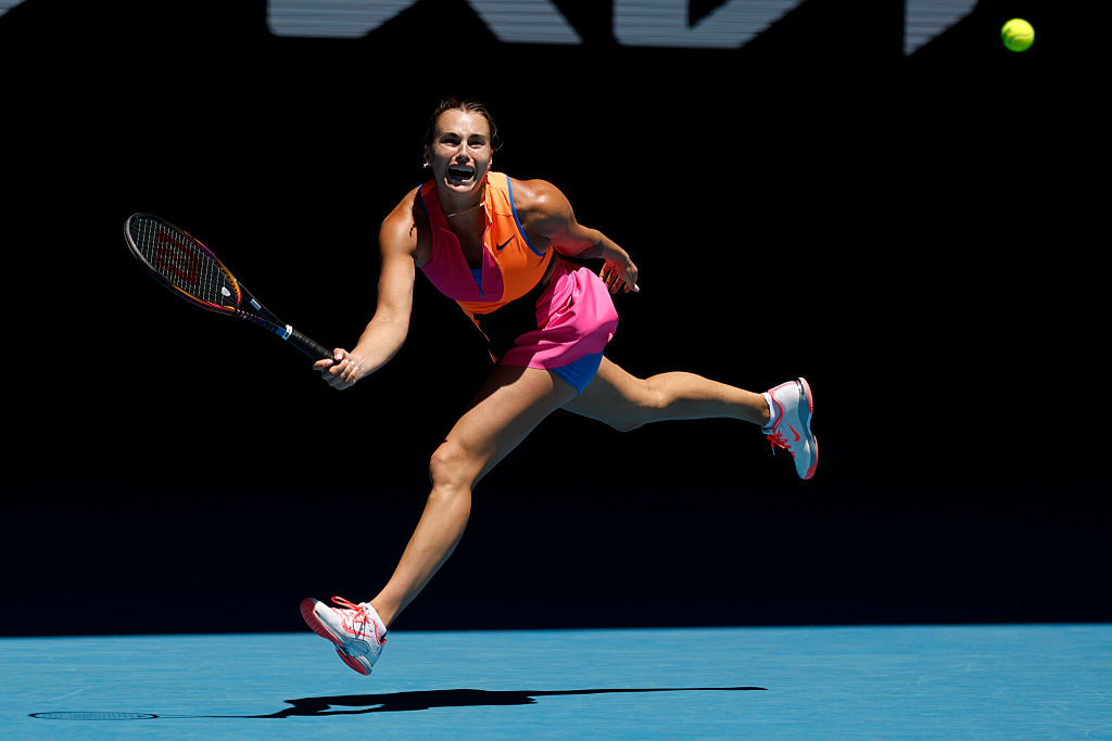 Aryna Sabalenka plays a forehand against Anastasia Potapova of Austria in the Women's Singles Third Round during day six of the 2026 Australian Open at Melbourne Park