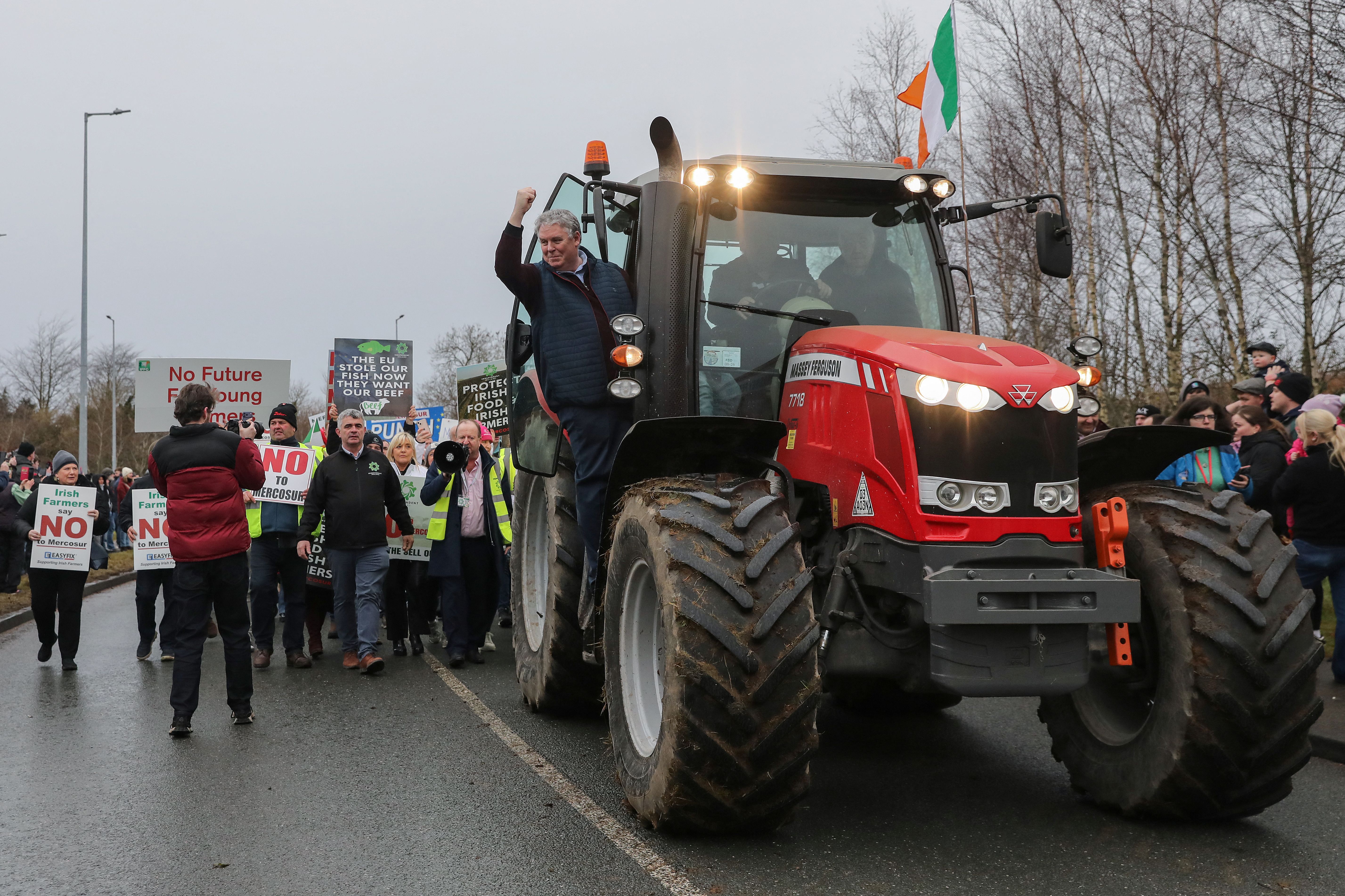 Irish farmers take part in a protest against the EU-Mercosur trade deal, in the town of Athlone on January 10, 2026.