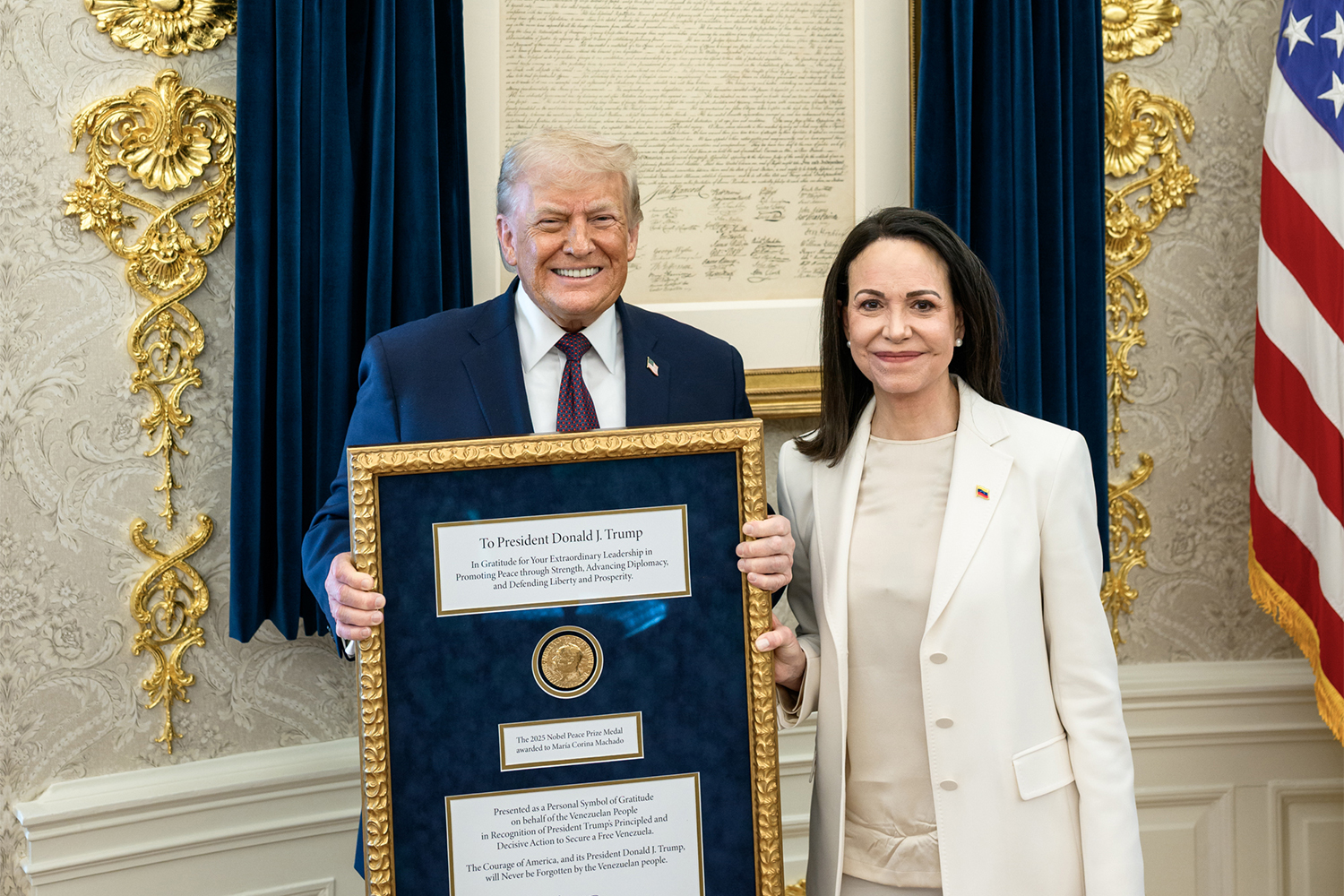 epa12652843 A handout photo made available by the White House shows US President Donald Trump (L) and Venezuelan opposition leader Maria Corina Machado (R) during their meeting in the Oval Office in Washington, DC, USA, 15 January 2026 (issued 16 January 2026). Maria Corina Machado presented her Nobel Peace Prize medal to US President Donald Trump during their meeting at the White House. EPA/WHITE HOUSE / DANIEL TOROK HANDOUT HANDOUT EDITORIAL USE ONLY/NO SALES