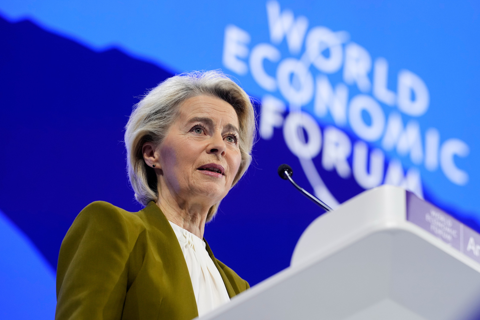 President of the European Commission Ursula von der Leyen talks during the Annual Meeting of the World Economic Forum in Davos, Switzerland on Jan. 20, 2026. [Markus Schreiber/AP]