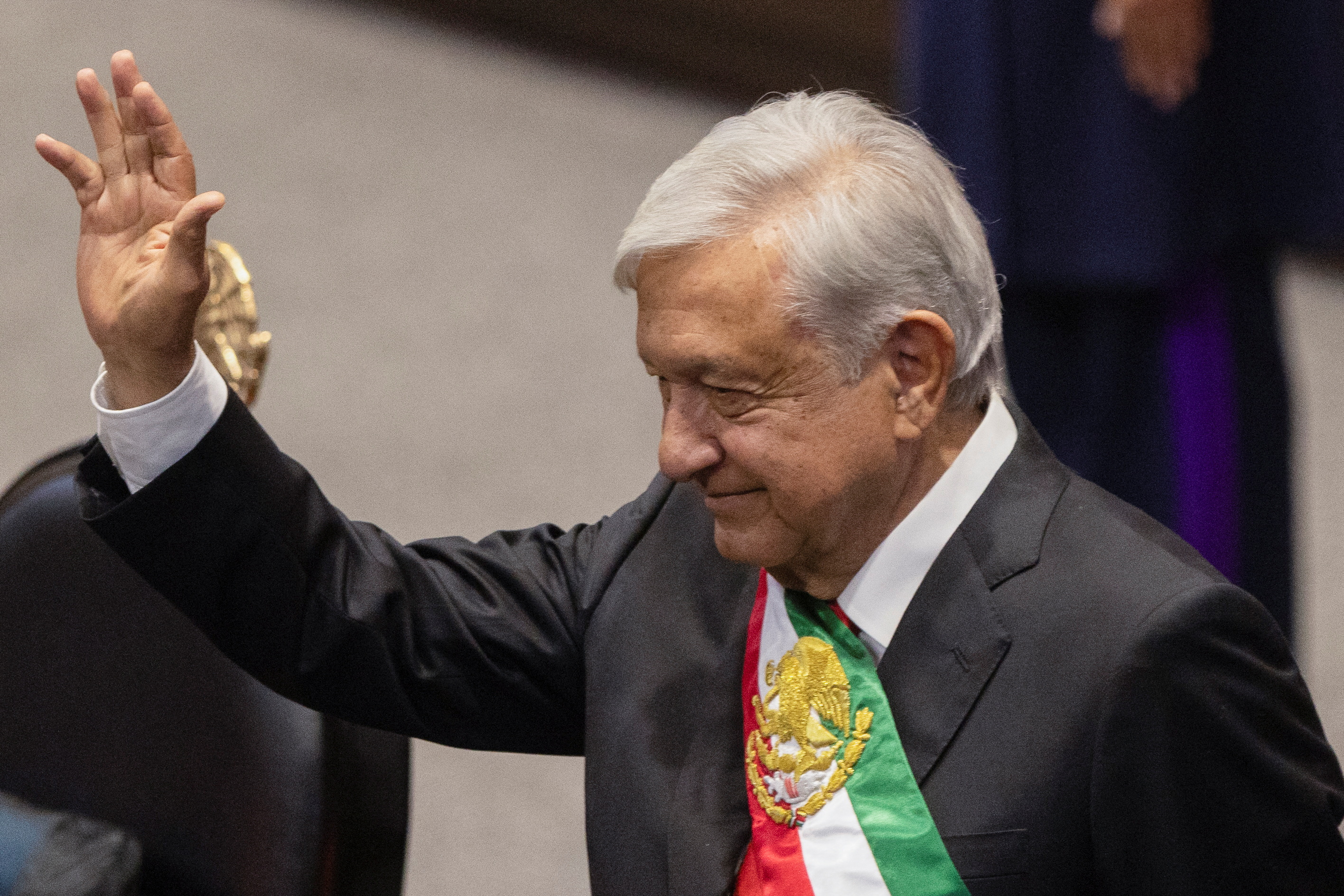 Mexico's President Andres Manuel Lopez Obrador gestures on the day of President-elect Claudia Sheinbaum's swearing in ceremon