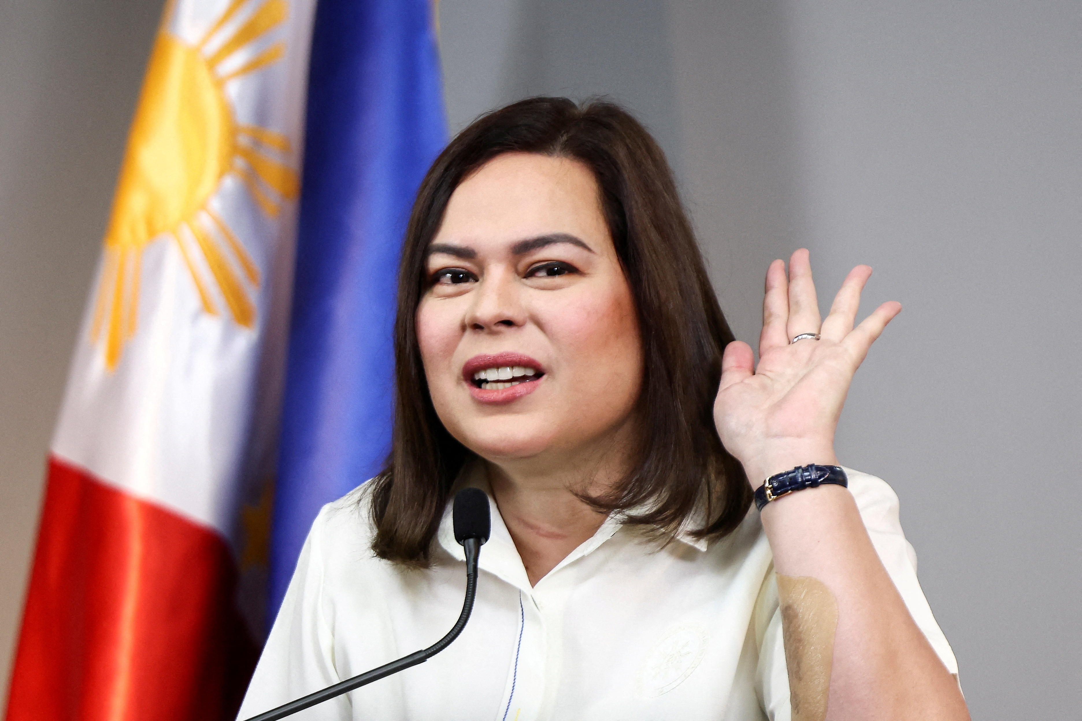 FILE PHOTO: Philippine Vice President Sara Duterte gestures as she delivers a statement following her impeachment by the lower house of the Congress, in her office at Mandaluyong City, Metro Manila, Philippines, February 7, 2025. REUTERS/Eloisa Lopez/File Photo