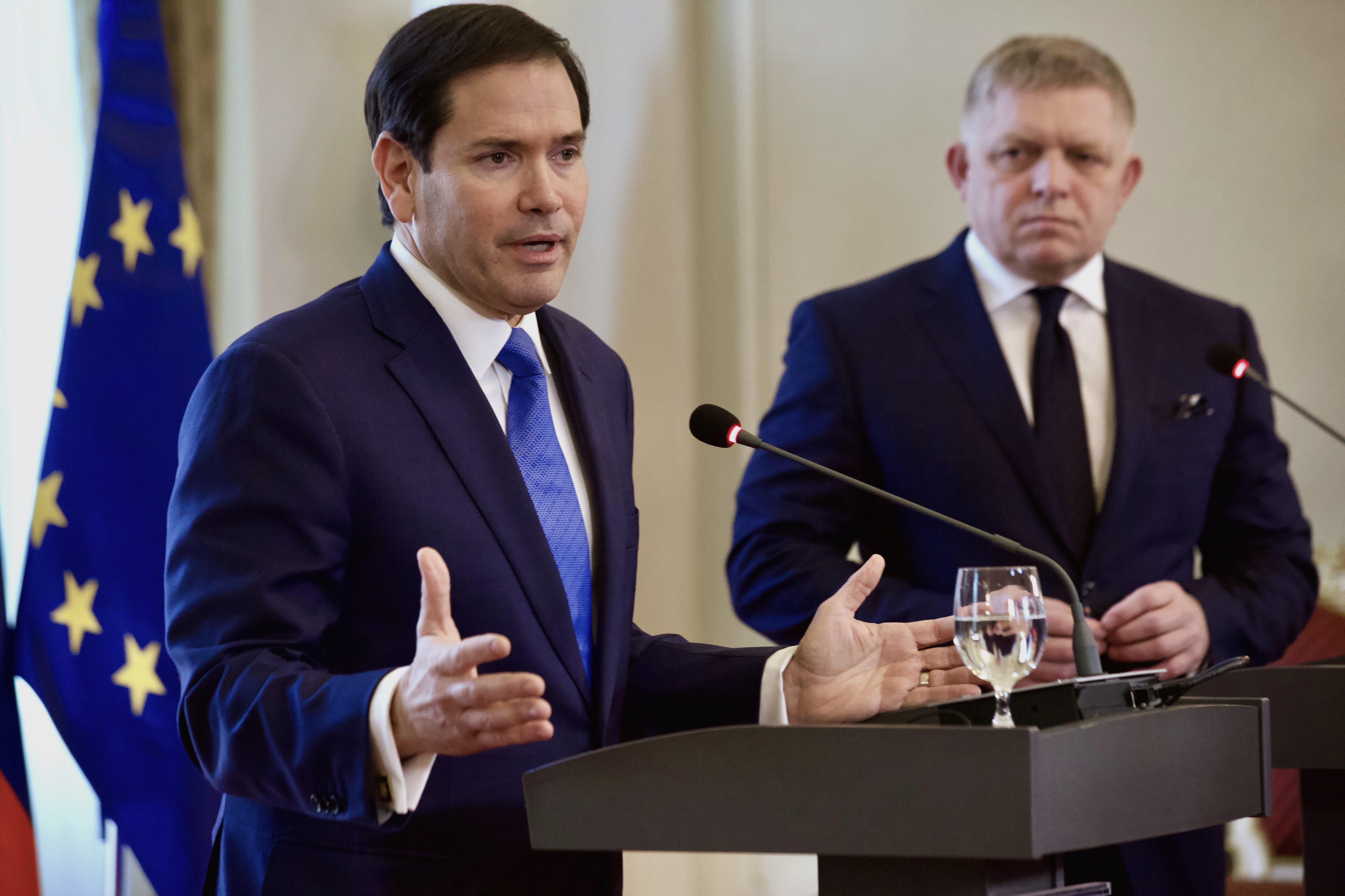BRATISLAVA, SLOVAKIA - FEBRUARY 15: United States Secretary of State Marco Rubio (L) with Slovakian Prime Minister Robert Fico (R) make a statement to the media as they meet on February 15, 2026 in Bratislava, Slovakia. Rubio was using the trip to discuss energy cooperation and bilateral issues, including NATO commitments, according to the U.S. State Department. (Photo by Zuzana Gogova/Getty Images)