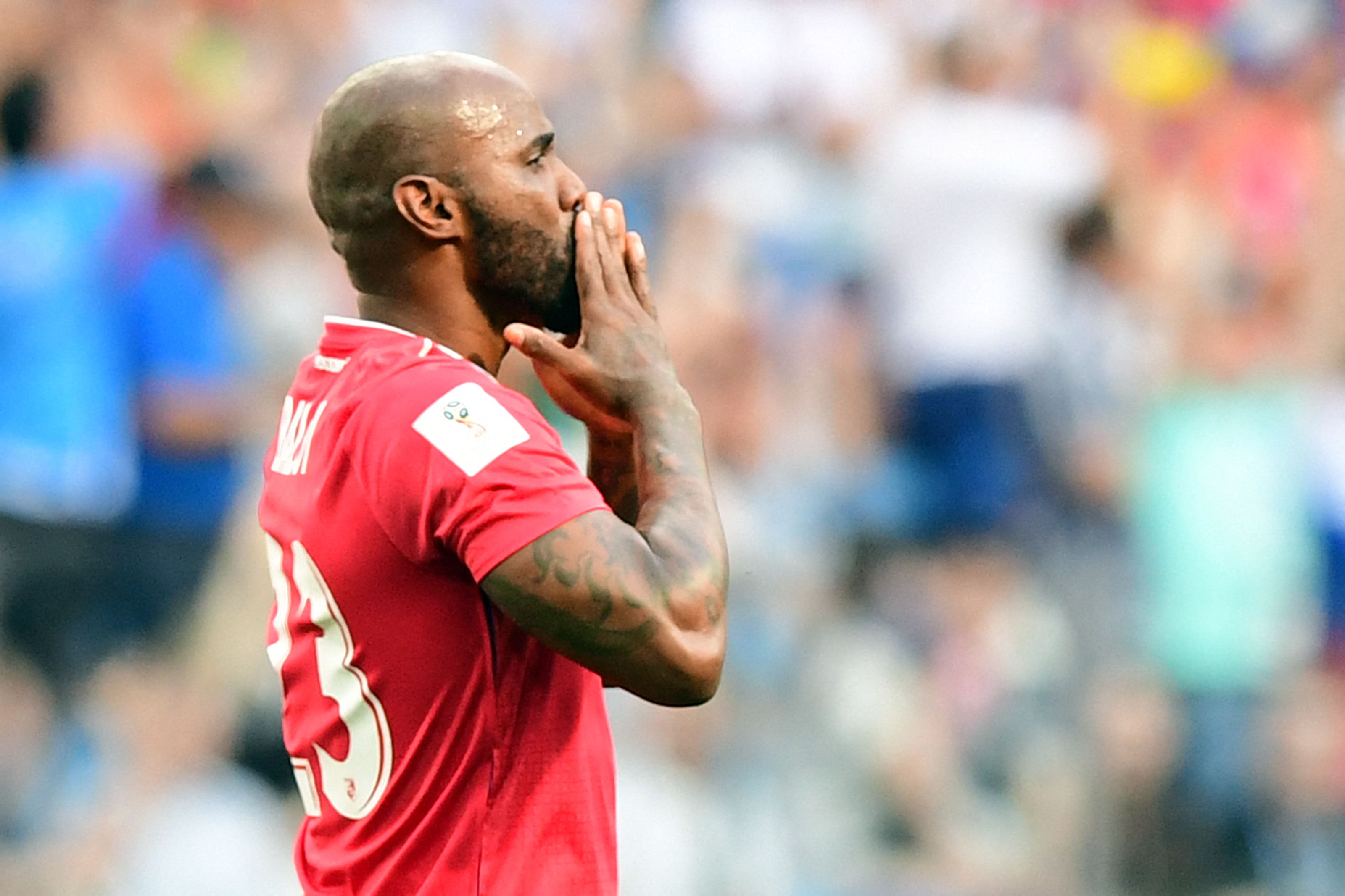 Panama's defender Felipe Baloy blows a kiss after scoring a goal during the Russia 2018 World Cup Group G football match between England and Panama at the Nizhny Novgorod Stadium in Nizhny Novgorod on June 24, 2018. (Photo by Martin BERNETTI / AFP) / RESTRICTED TO EDITORIAL USE - NO MOBILE PUSH ALERTS/DOWNLOADS