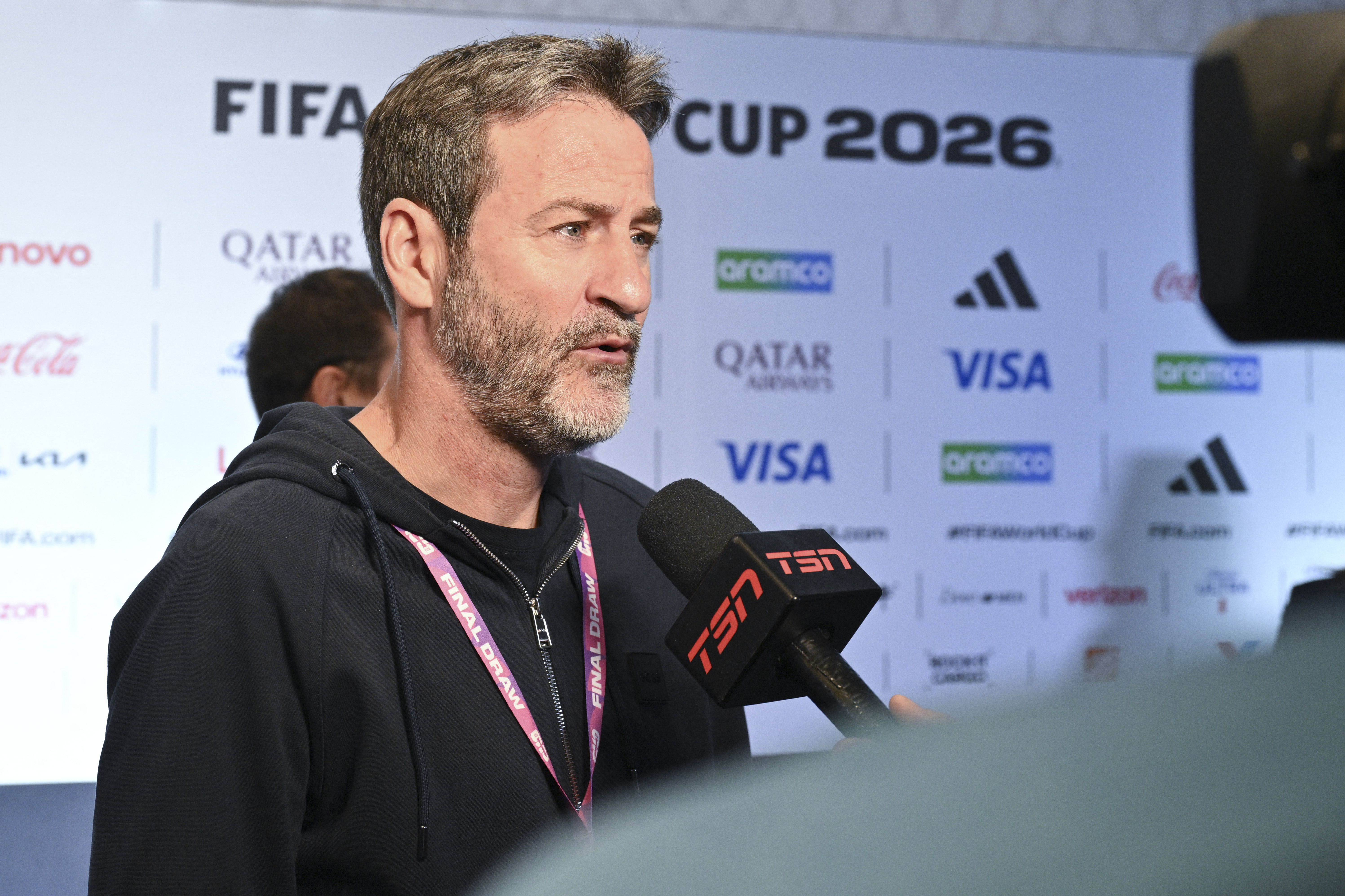 Panama's Spanish head coach Thomas Christiansen speaks with members of the press after the FIFA World Cup 2026 official match schedule announcement in Washington, DC, on December 6, 2025. (Photo by Roberto SCHMIDT / AFP)