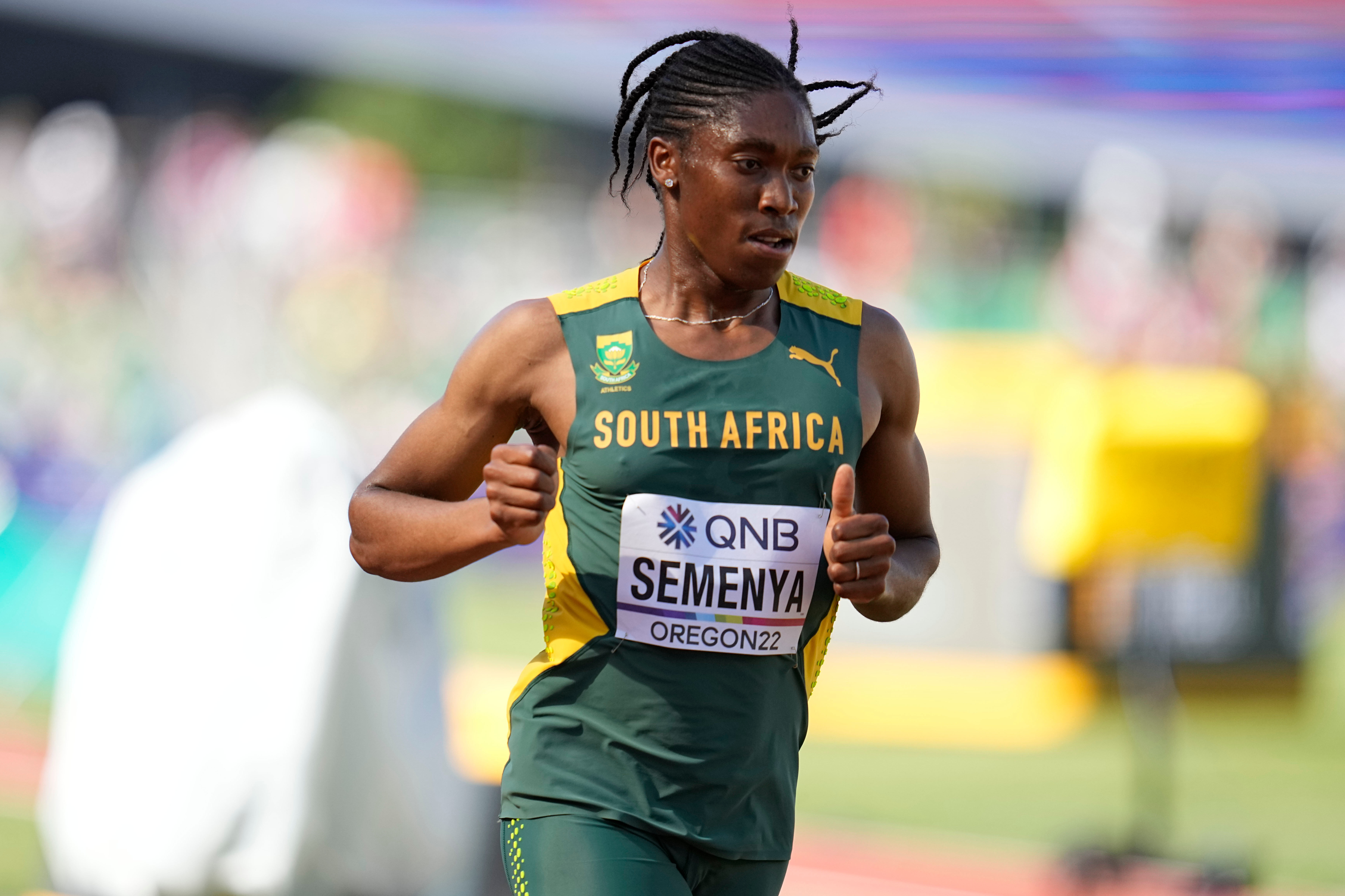 FILE - Caster Semenya, of South Africa, competes during a heat in the women's 5000-meter run at the World Athletics Championships July 20, 2022, in Eugene, Ore. (AP Photo/Ashley Landis, File)