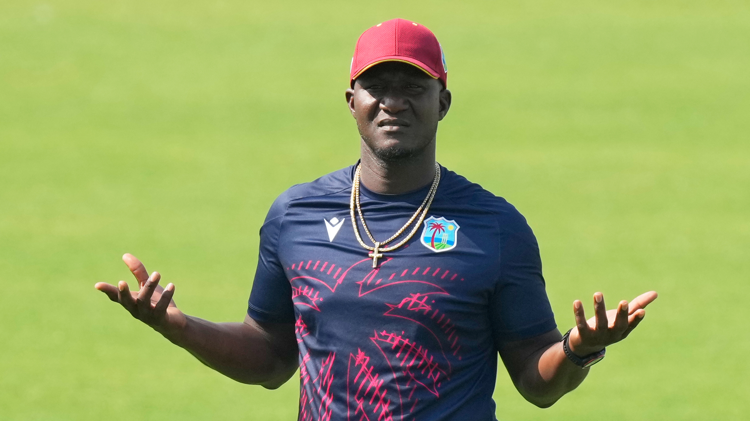 West Indies coach Darren Sami gestures during the practice session ahead of their T20 World Cup cricket match against India, in Kolkata, India, Saturday, Feb. 28, 2026. (AP Photo/Bikas Das)