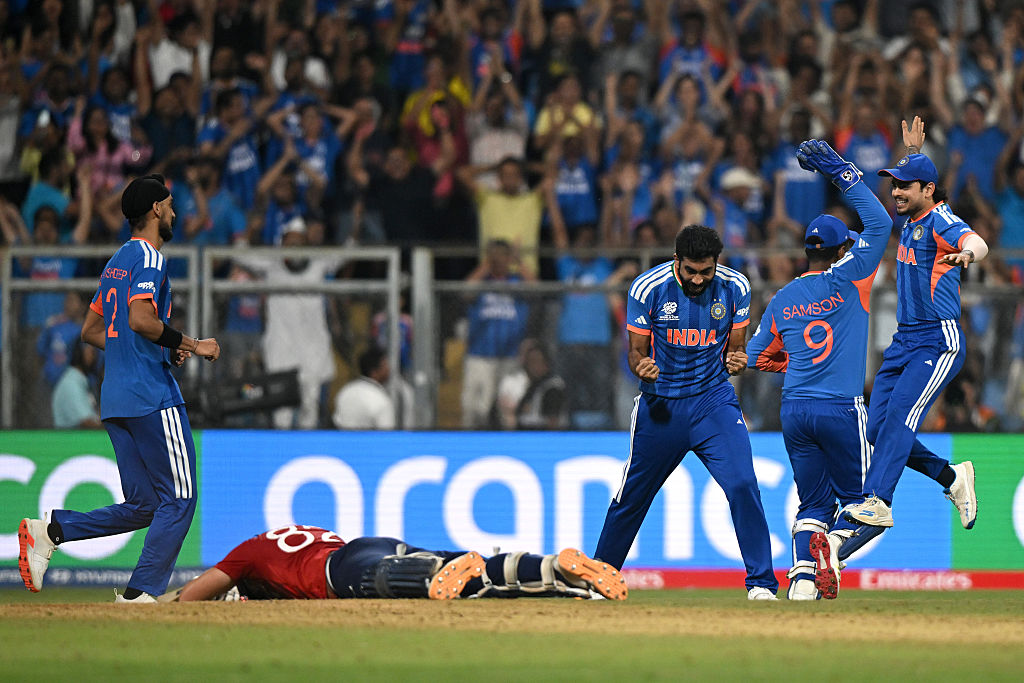 India celebrate the run out of Jacob Bethell of England during the ICC Men's T20 World Cup India & Sri Lanka 2026 Semi-Final match