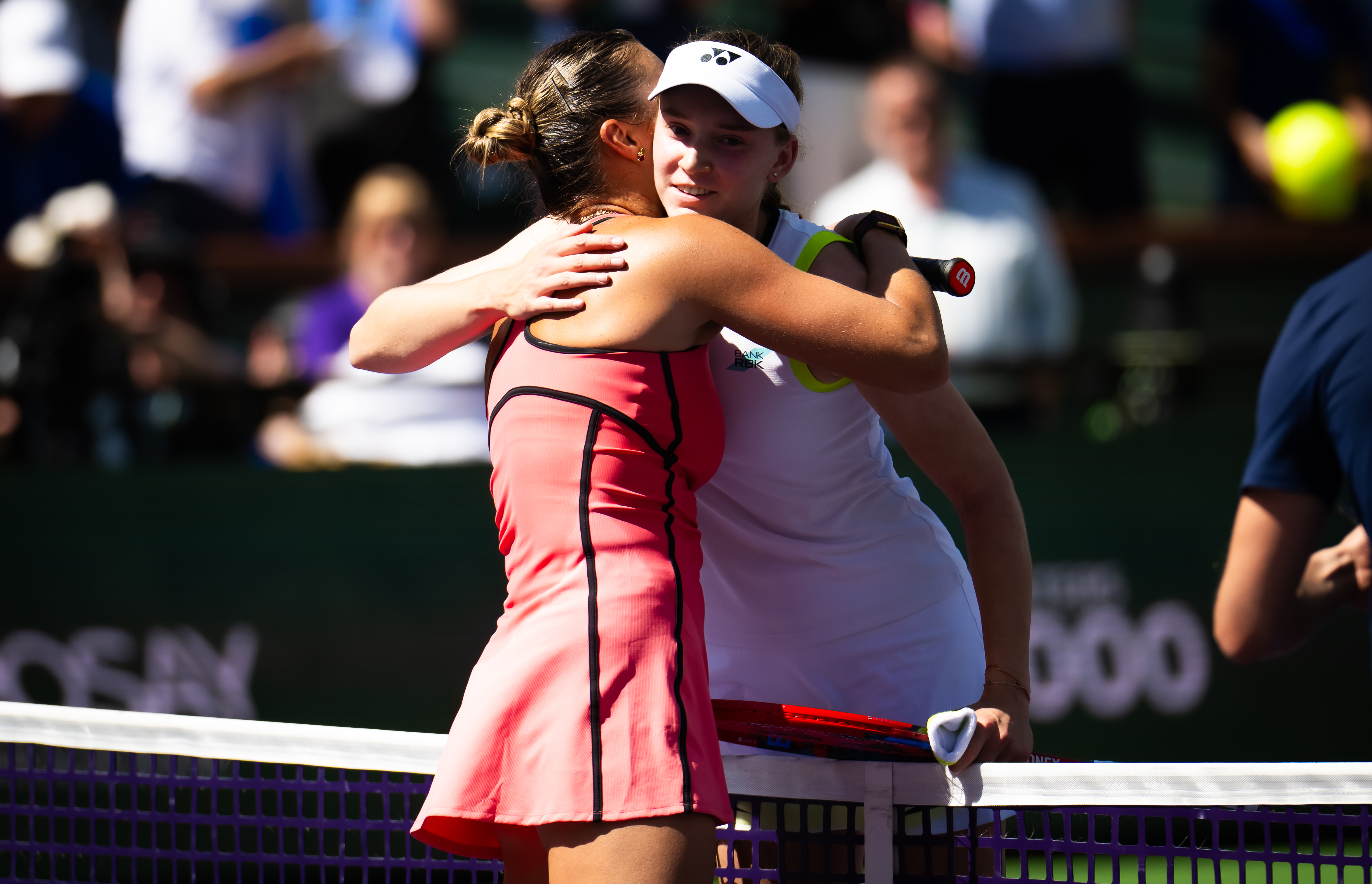 Sabalenka, left, was a two-time runner-up at Indian Wells (2023, 2025) before Sunday’s maiden victory against Rybakina