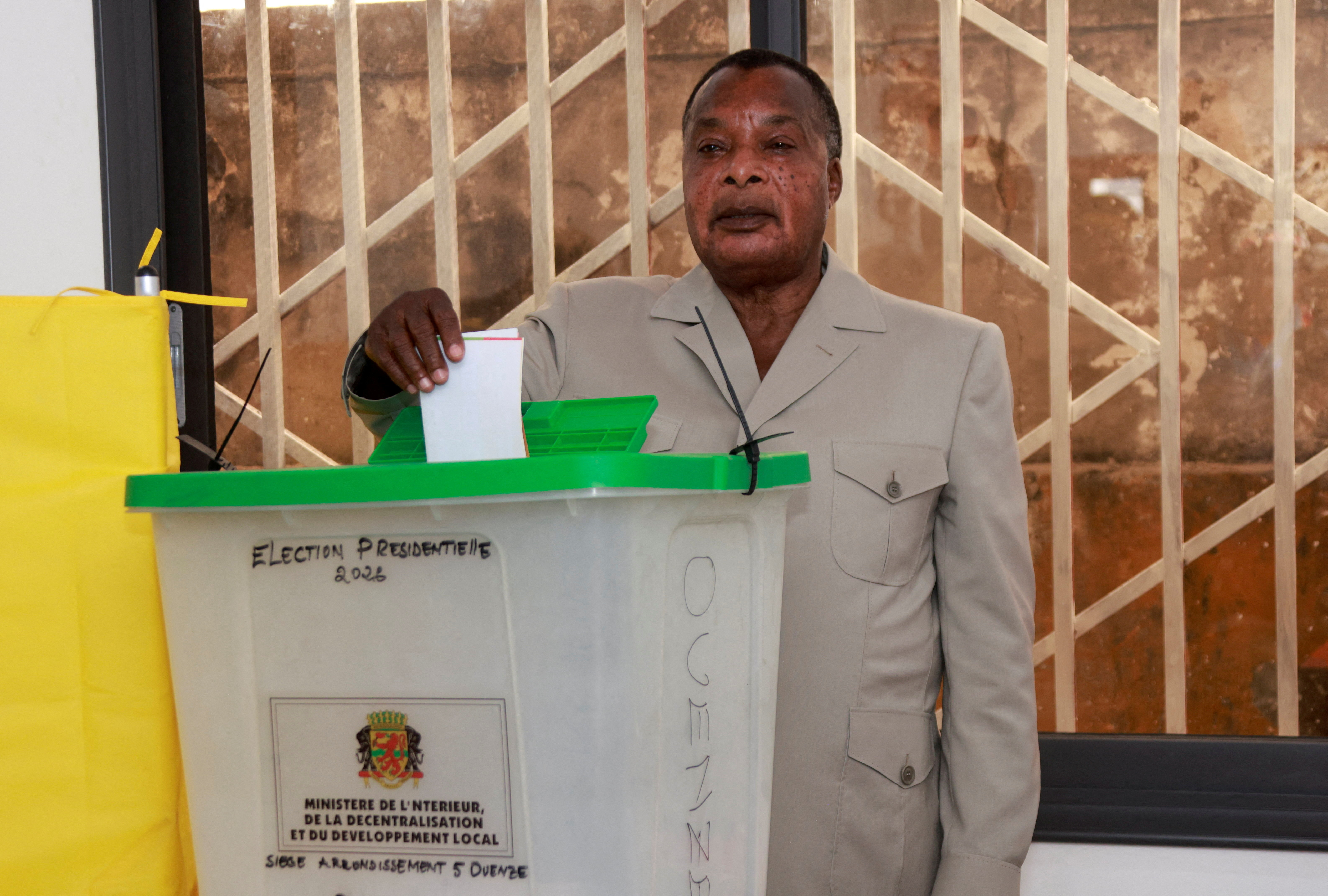 Incumbent President of the Republic of Congo Denis Sassou Nguesso, who is running for re-election, votes during the presidential election at a polling station in Brazzaville, Congo Republic March 15, 2026. Congo Republic Presidency Press Service/Handout via REUTERS. THIS IMAGE HAS BEEN SUPPLIED BY A THIRD PARTY. NO RESALES. NO ARCHIVES. BEST QUALITY AVAILABLE. REFILE - CORRECTING TITLE FOR DENIS SASSOU NGUESSO FROM "OUTGOING PRESIDENT OF THE REPUBLIC OF CONGO" TO "INCUMBENT PRESIDENT OF THE REPUBLIC OF CONGO