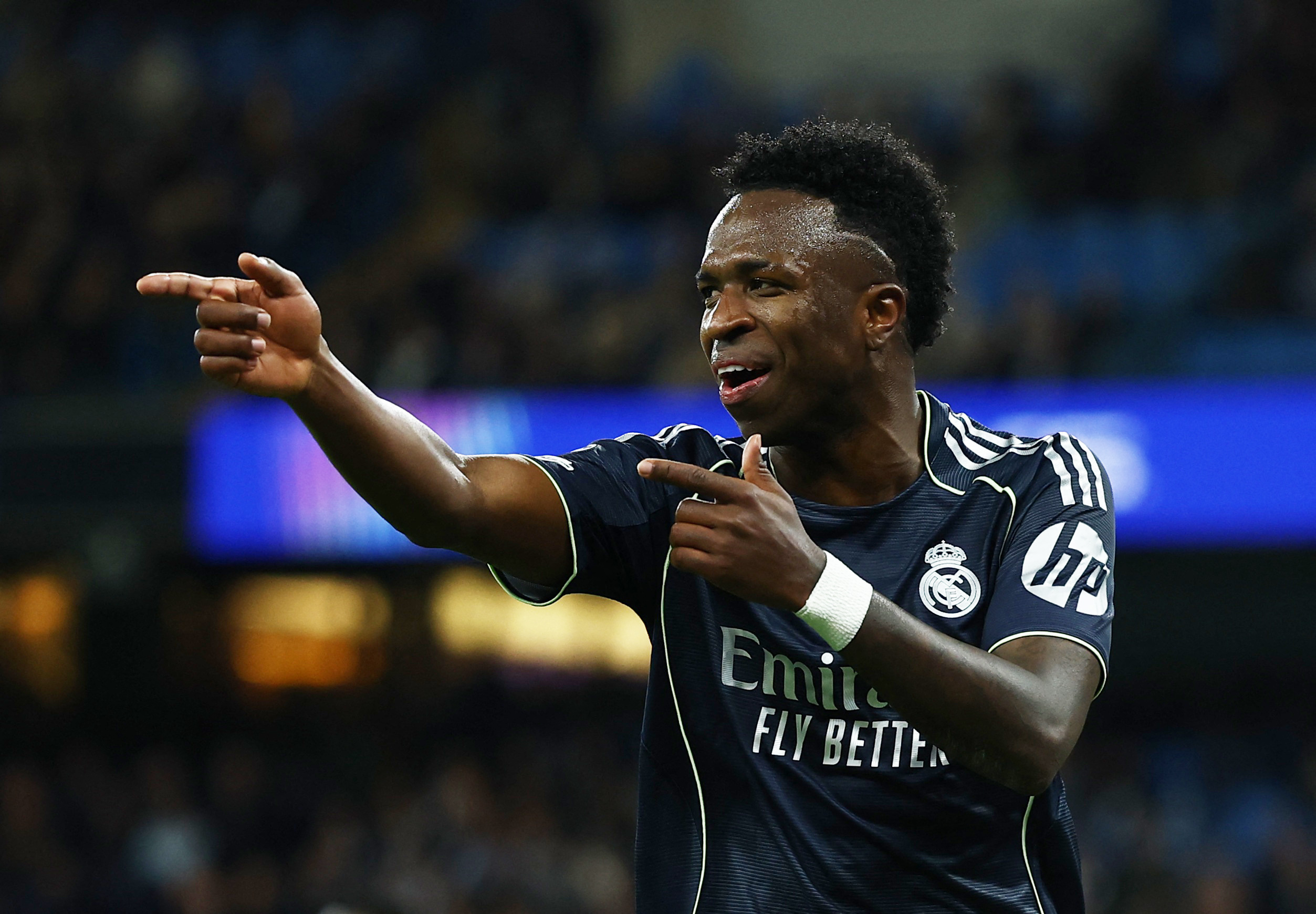 Soccer Football - UEFA Champions League - Round 16 - Second Leg - Manchester City v Real Madrid - Etihad Stadium, Manchester, Britain - March 17, 2026 Real Madrid's Vinicius Junior celebrates scoring their second goal Action Images via Reuters/Lee Smith