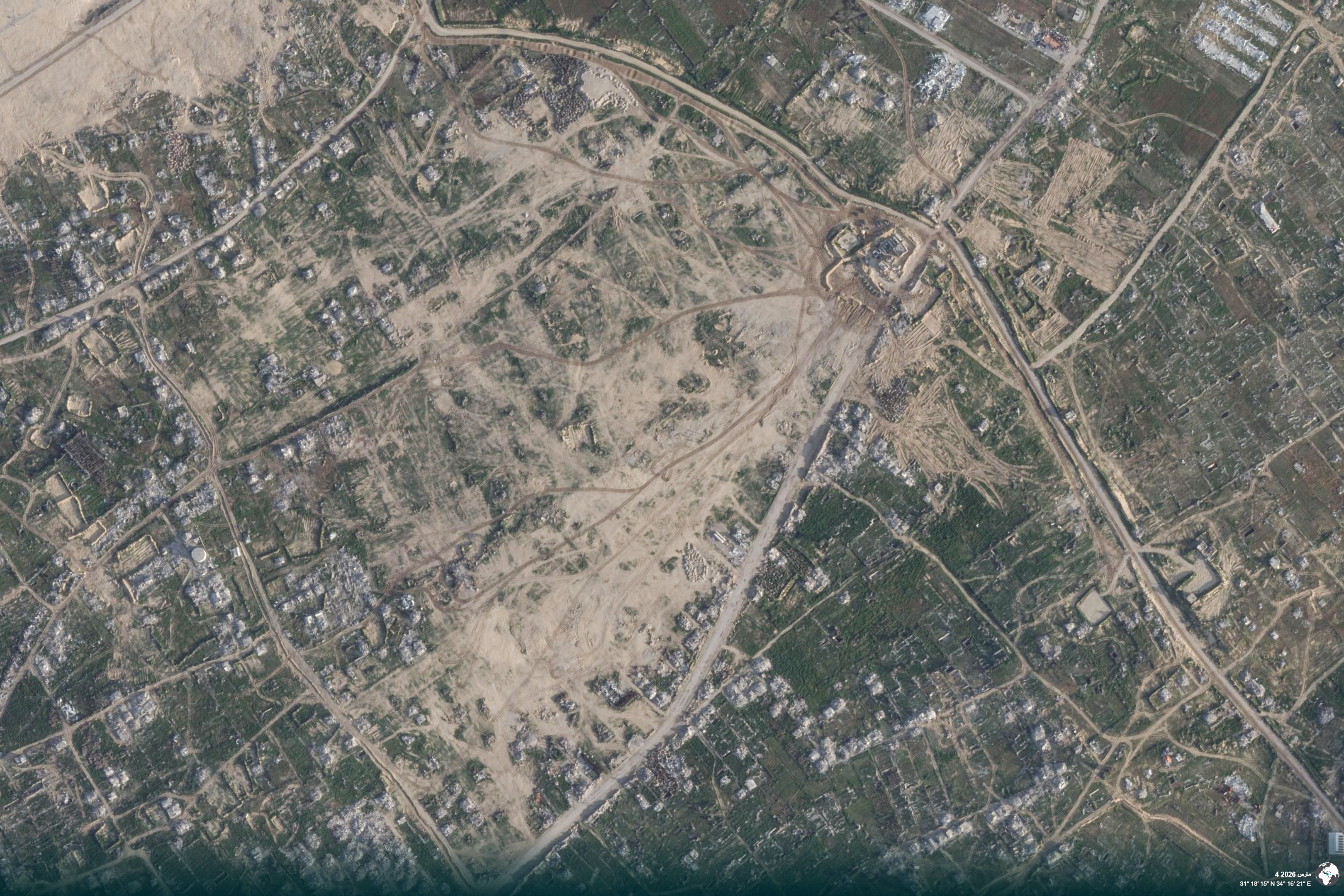 Satellite imagery comparing February 20 and March 4, 2026, shows no new construction or rubble clearance at the proposed site for the US-backed "Green City" in Rafah. [Planet Labs]