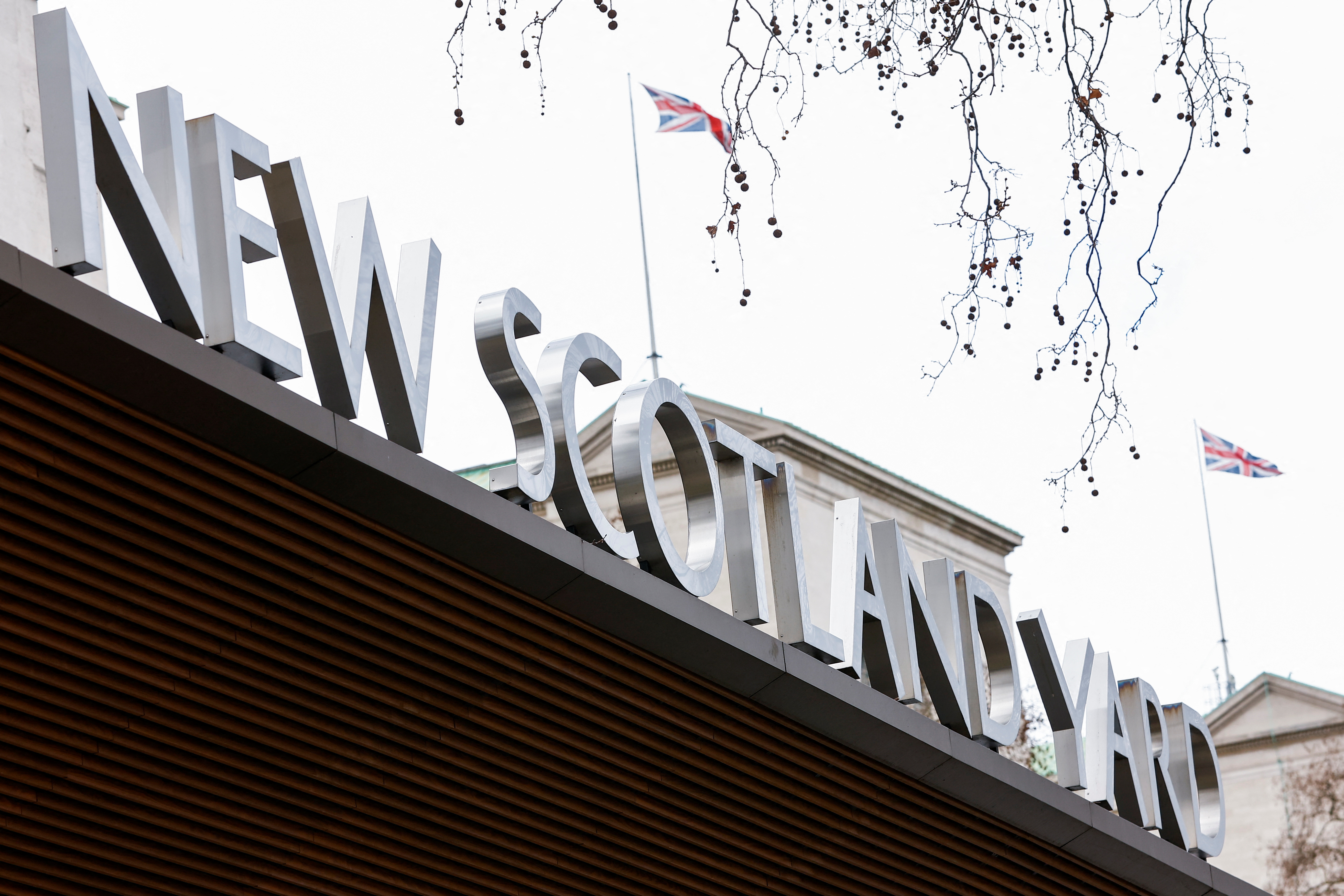 A general view of a signage outside New Scotland Yard, the headquarters of the Metropolitan Police,