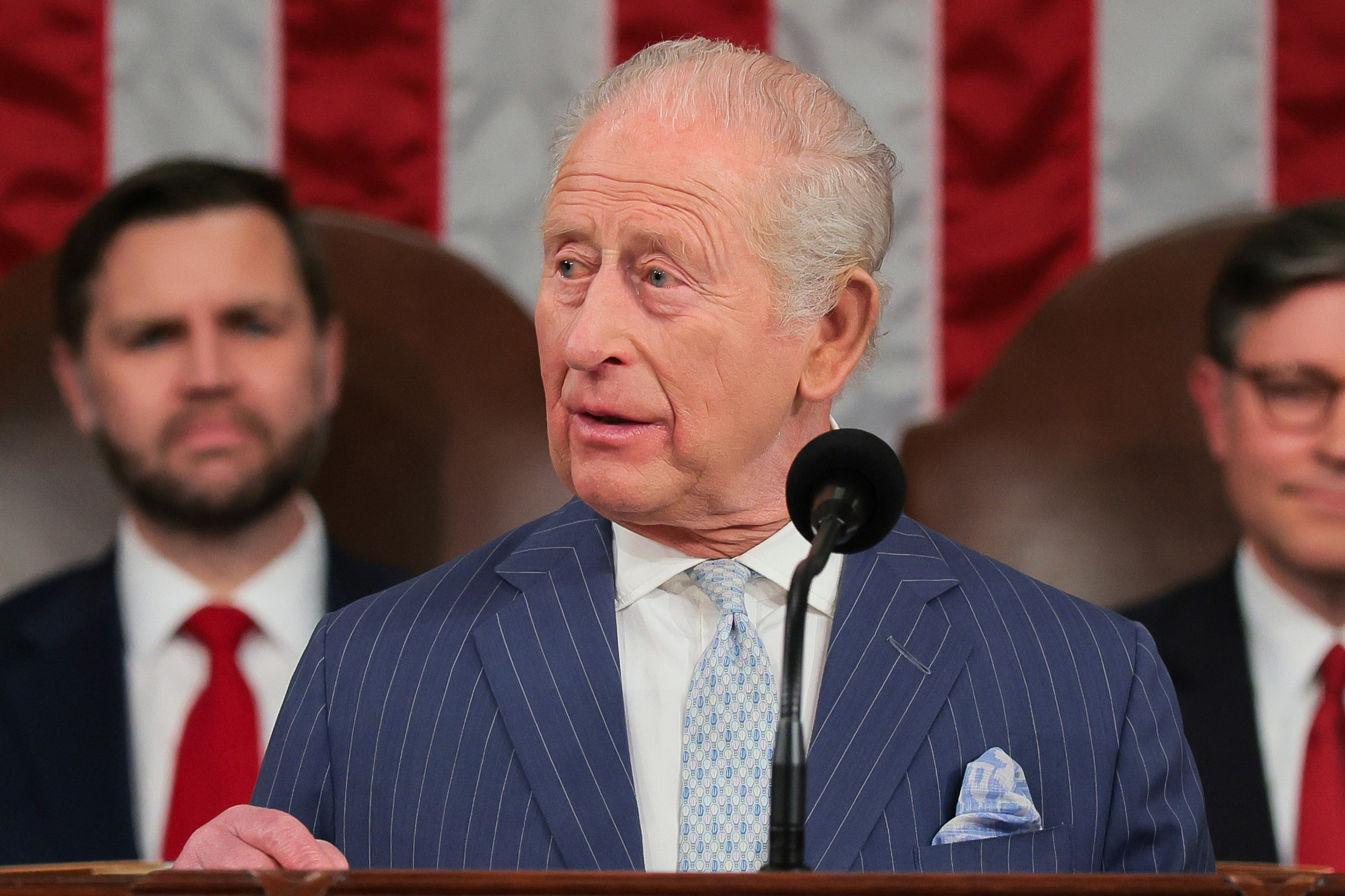Britain's King Charles III addresses a joint meeting of Congress while Vice President JD Vance, left, and House Speaker Mike Johnson, R-La., right, listen in the House Chamber of the U.S. Capitol in Washington, Tuesday, April 28, 2026. [Kylie Cooper/Pool via AP]