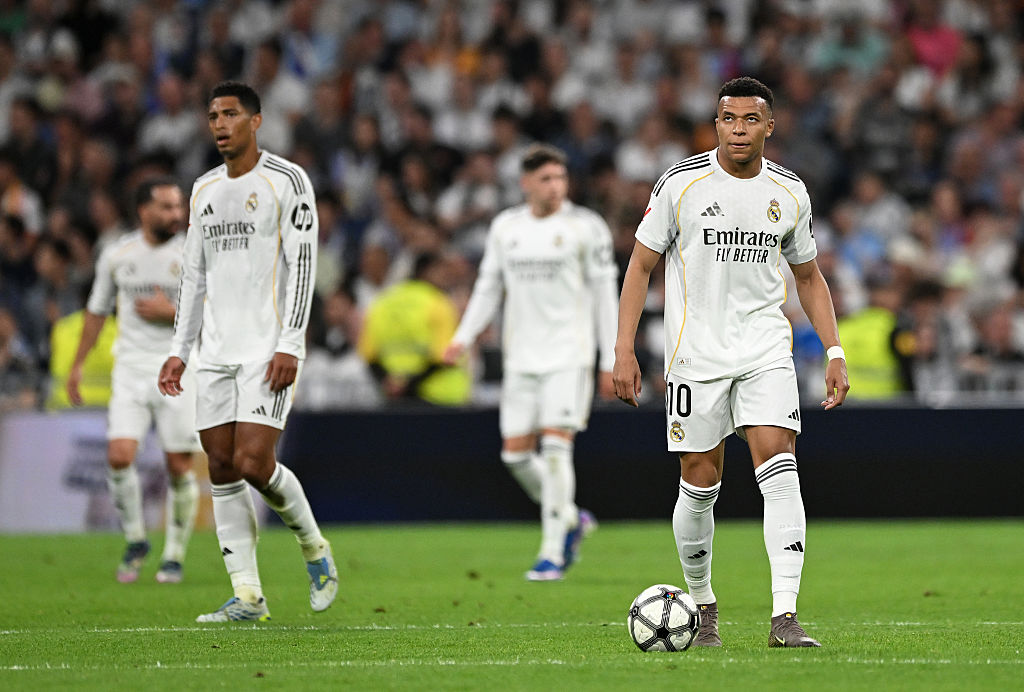 Kylian Mbappe of Real Madrid looks dejected after Thomas Lemar of Girona FC (not pictured) scores his team's first goal during the LaLiga EA Sports match