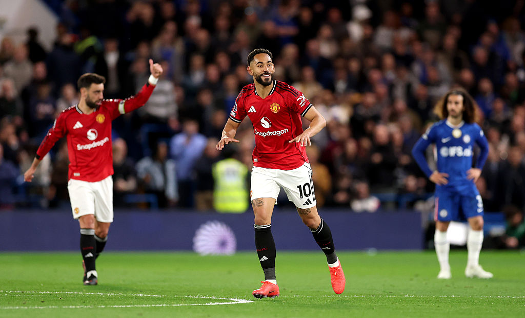 Matheus Cunha of Manchester United celebrates scoring his team's first goal during the Premier League match