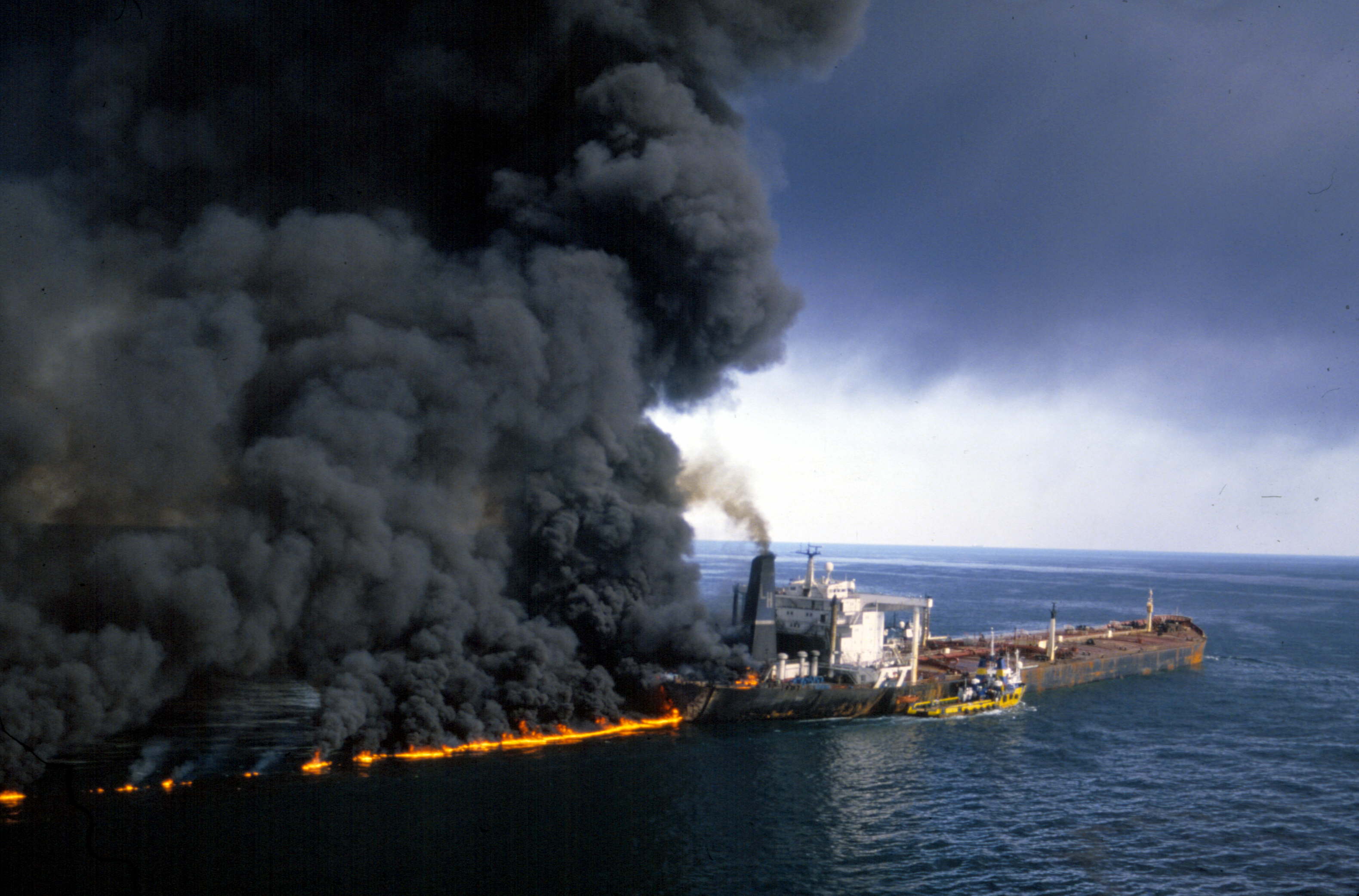 A tanker in flames in the Strait of Hormuz in December 1987 during the Iran-Iraq war