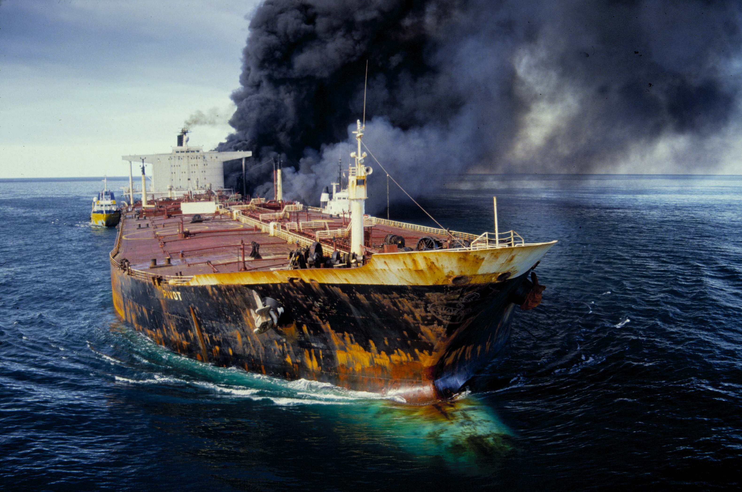 The ‘Pivot’ tanker in flames in the Strait of Hormuz in 1987 during the Iran-Iraq war