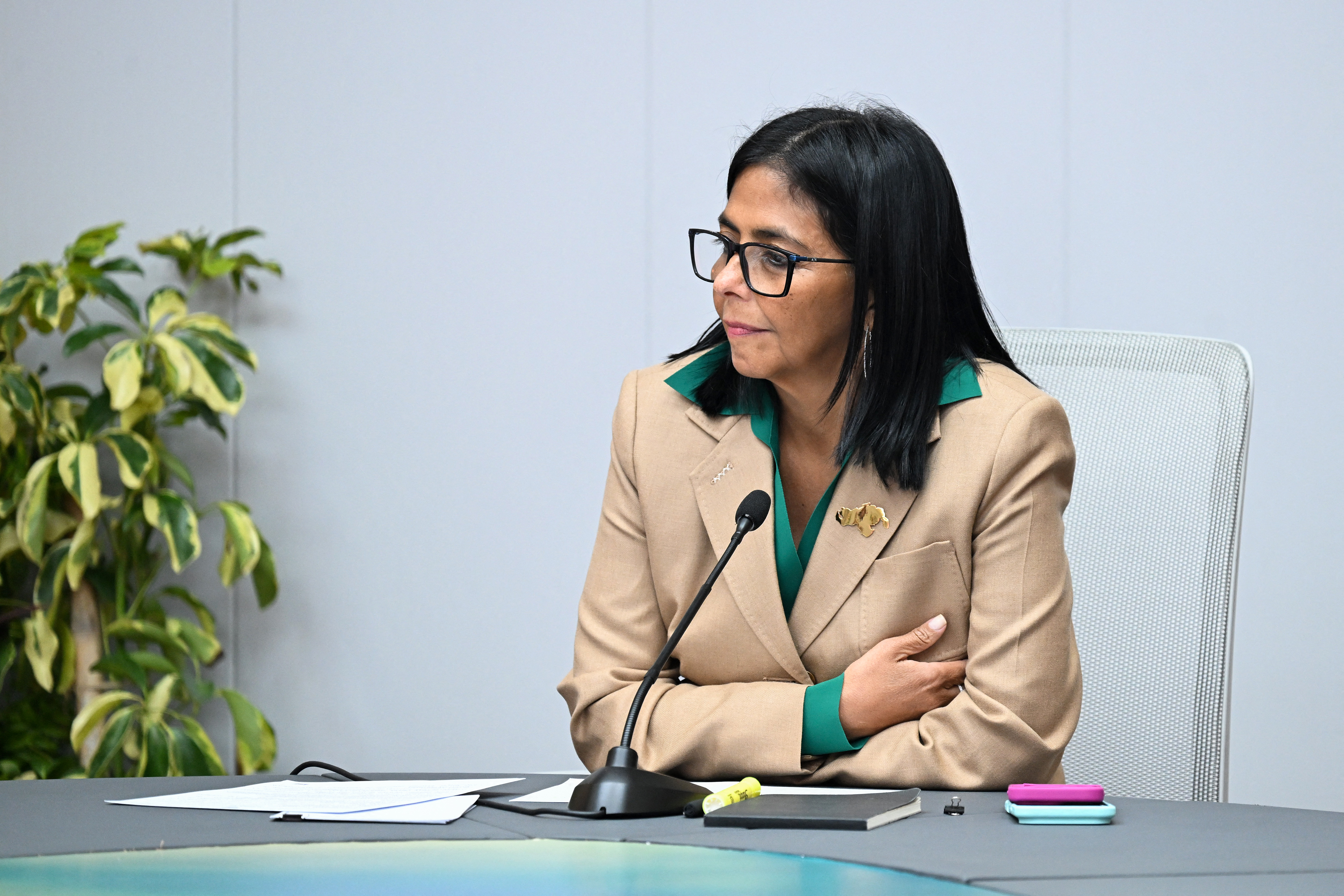 (FILES) Venezuela's interim President Delcy Rodriguez holds a meeting with the Colombian government delegation at the Miraflores Presidential Palace in Caracas on March 13, 2026.