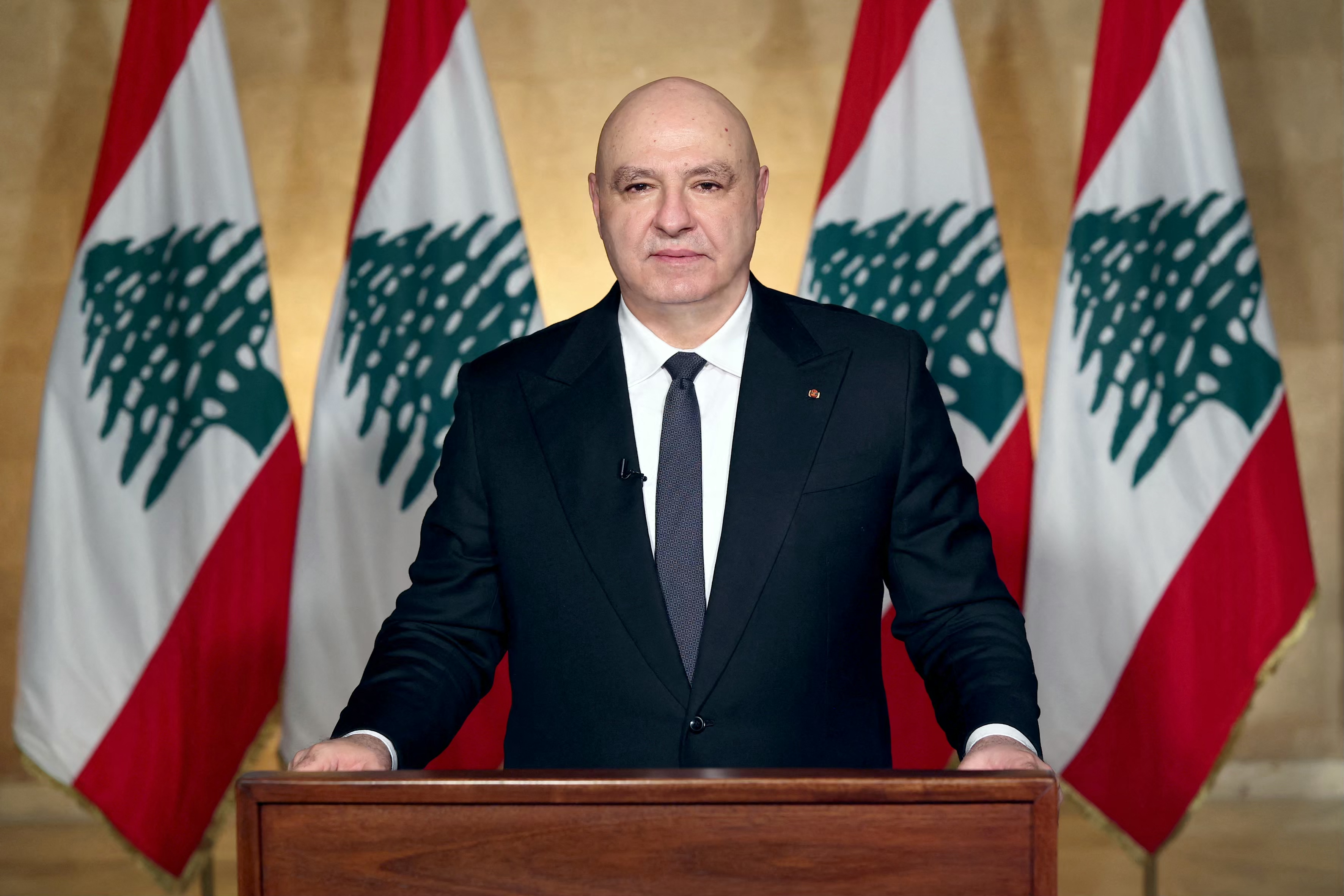 A photograph released by the Lebanese Presidency on April 17, 2026, shows Lebanon's President Joseph Aoun delivering a televised address to the Lebanese people from the Baabda Presidential Palace, east of the capital Beirut.
