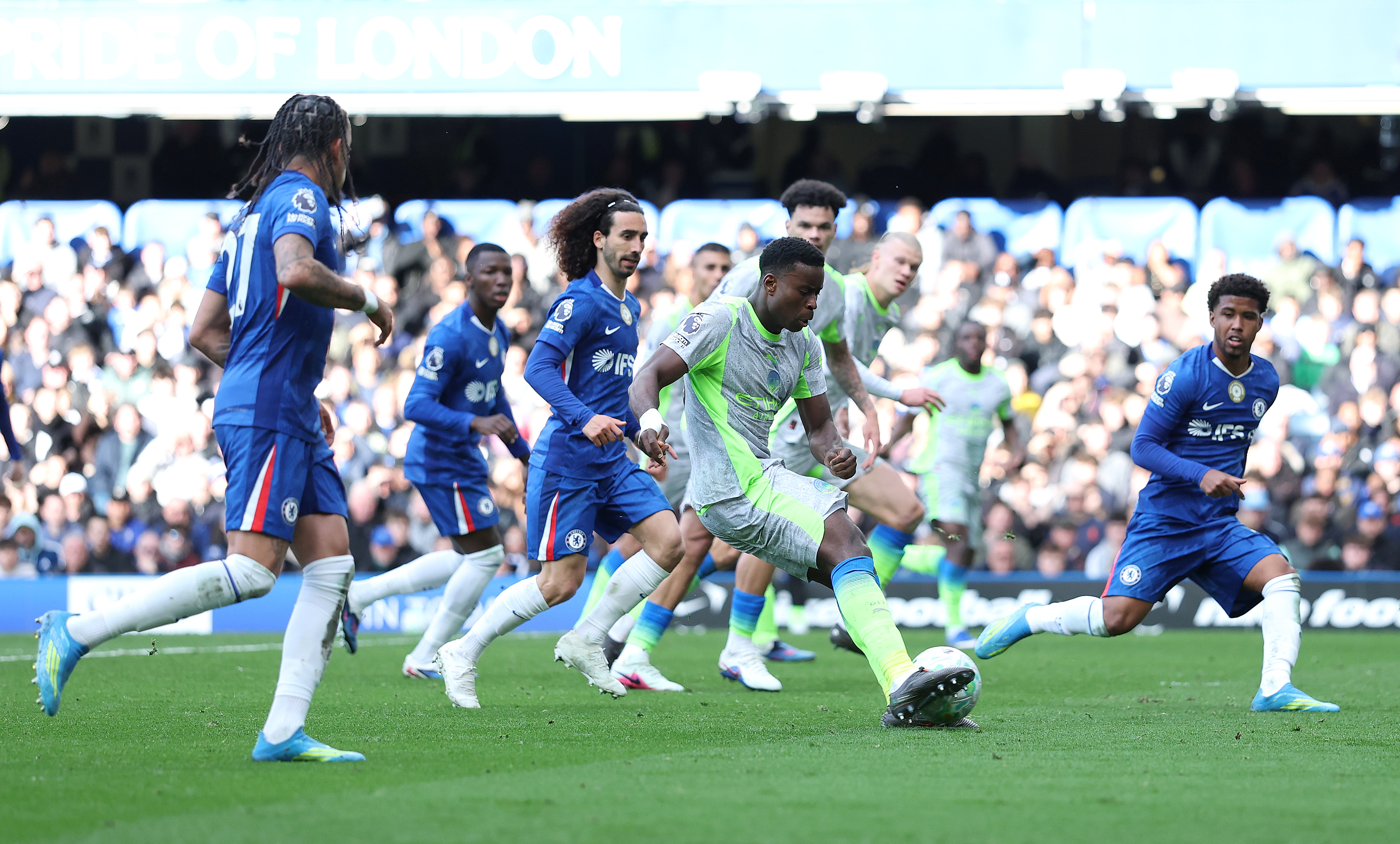 LONDON, ENGLAND - APRIL 12: Marc Guehi of Manchester City scores his team's second goal during the Premier League match between Chelsea and Manchester City at Stamford Bridge on April 12, 2026 in London, England. (Photo by Ryan Pierse/Getty Images)