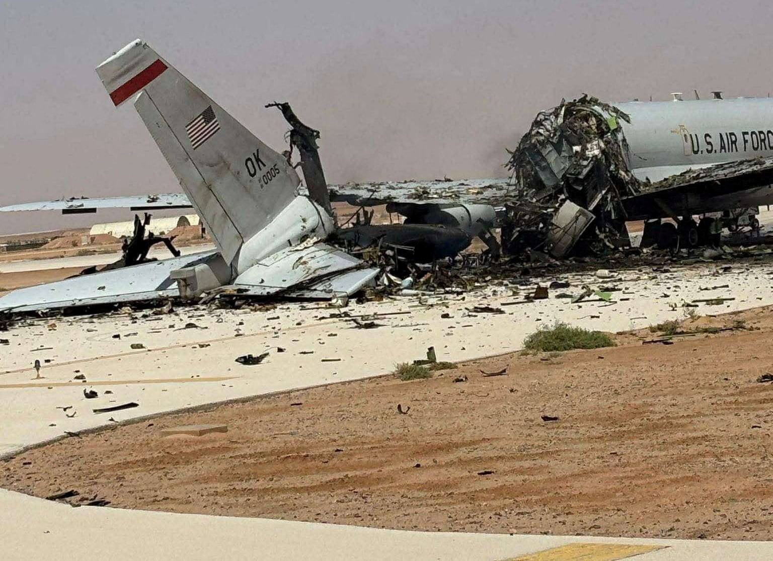 A damaged U.S. Boeing E-3 Sentry airborne warning and control aircraft following an Iranian strike on the airbase, amid the U.S.-Israeli conflict with Iran, at Prince Sultan Air Base in Saudi Arabia in this picture obtained from social media released on March 29, 2026. SOCIAL MEDIA/via REUTERS THIS IMAGE HAS BEEN SUPPLIED BY A THIRD PARTY. NO RESALES. NO ARCHIVES. BEST QUALITY AVAILABLE. VERIFICATION: Reuters was able to confirm the location by the runway layout, buildings, utility towers and terrain seen in the photographs which matched satellite imagery of the area. The plane design and markings matched file imagery of E-3 AWACS aircraft. A U.S. official confirmed to Reuters that an E3 was damaged in a strike on the airbase on March 27. Same model aircraft is seen undamaged in the same position on the tarmac in satellite imagery from March 11. Satellite imagery from March 29 shows what appears to be a blackened section of the tarmac in the same position where the damaged plane is visible in the photographs. Exact date when the photographs were taken could not be verified but no older versions of the photographs were found posted online before March 29. TPX IMAGES OF THE DAY