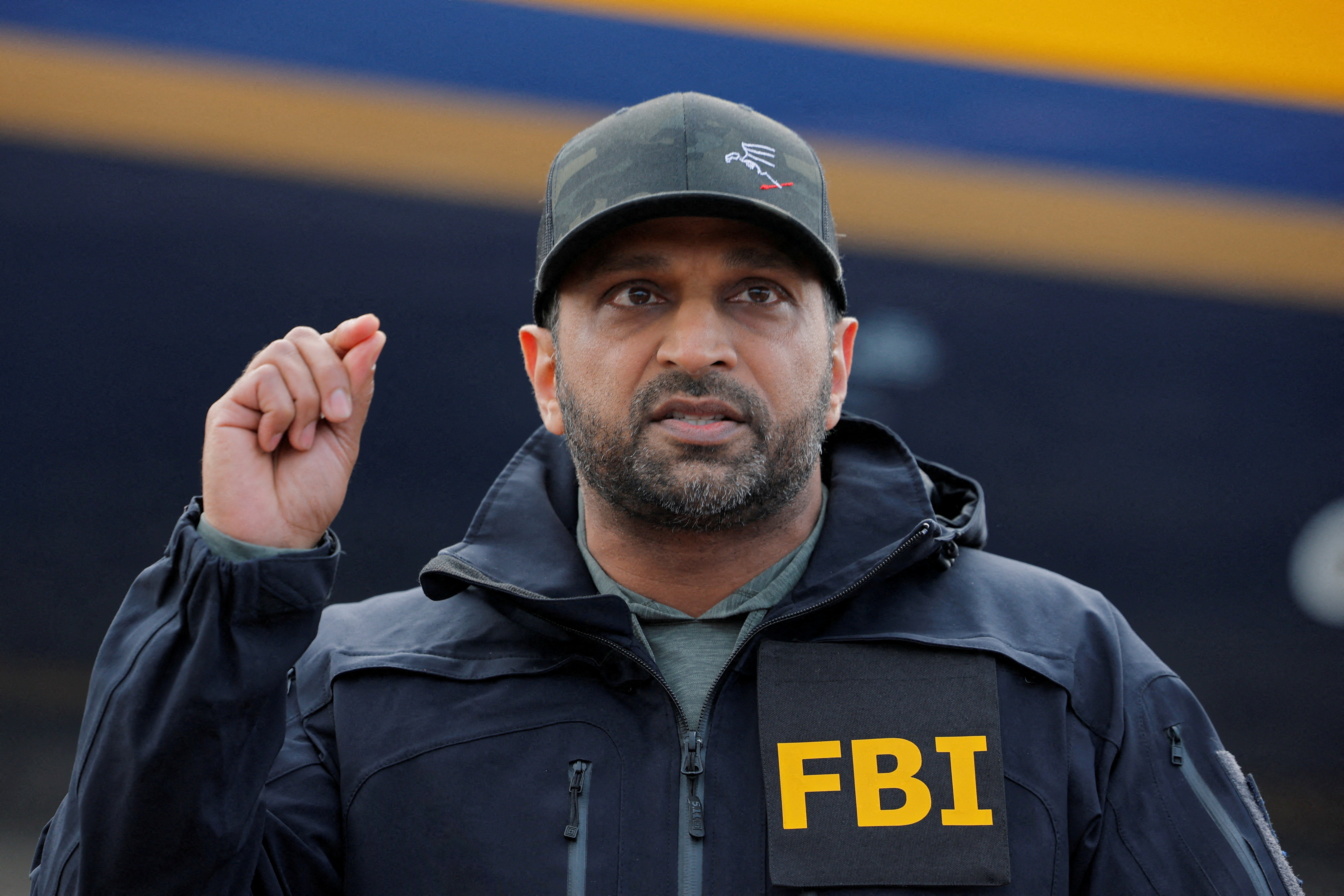 FILE PHOTO: FBI Director Kash Patel announces the apprehension of Ryan Wedding, a former Canadian Olympic snowboarder who was on the FBI's Ten Most Wanted Fugitive list, during a press conference in Ontario, California, U.S., January 23, 2026. REUTERS/Mike Blake/File Photo