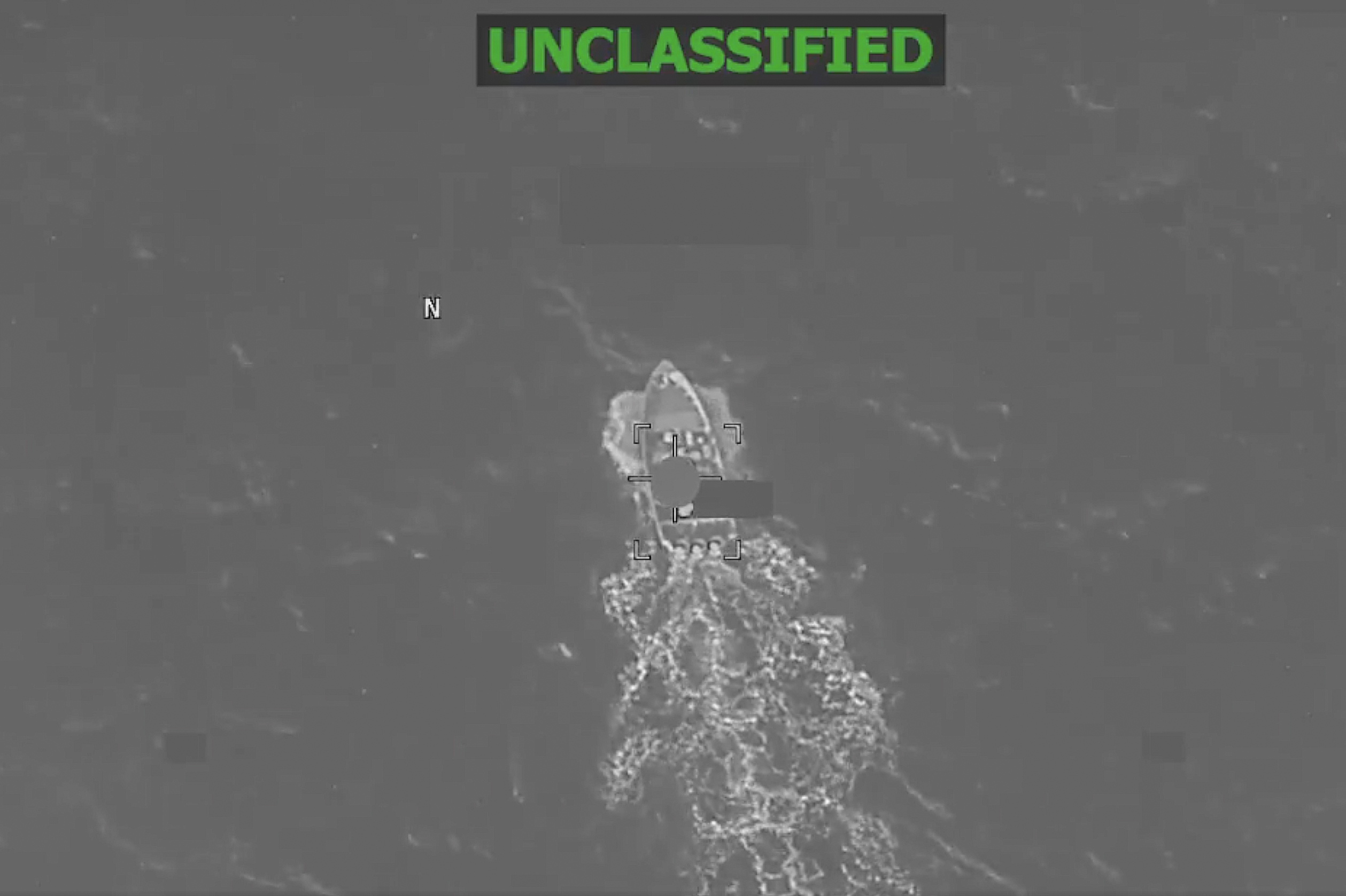 A screenshot from the US Southern Command X account of a strike on an alleged drug boat in the Pacific.