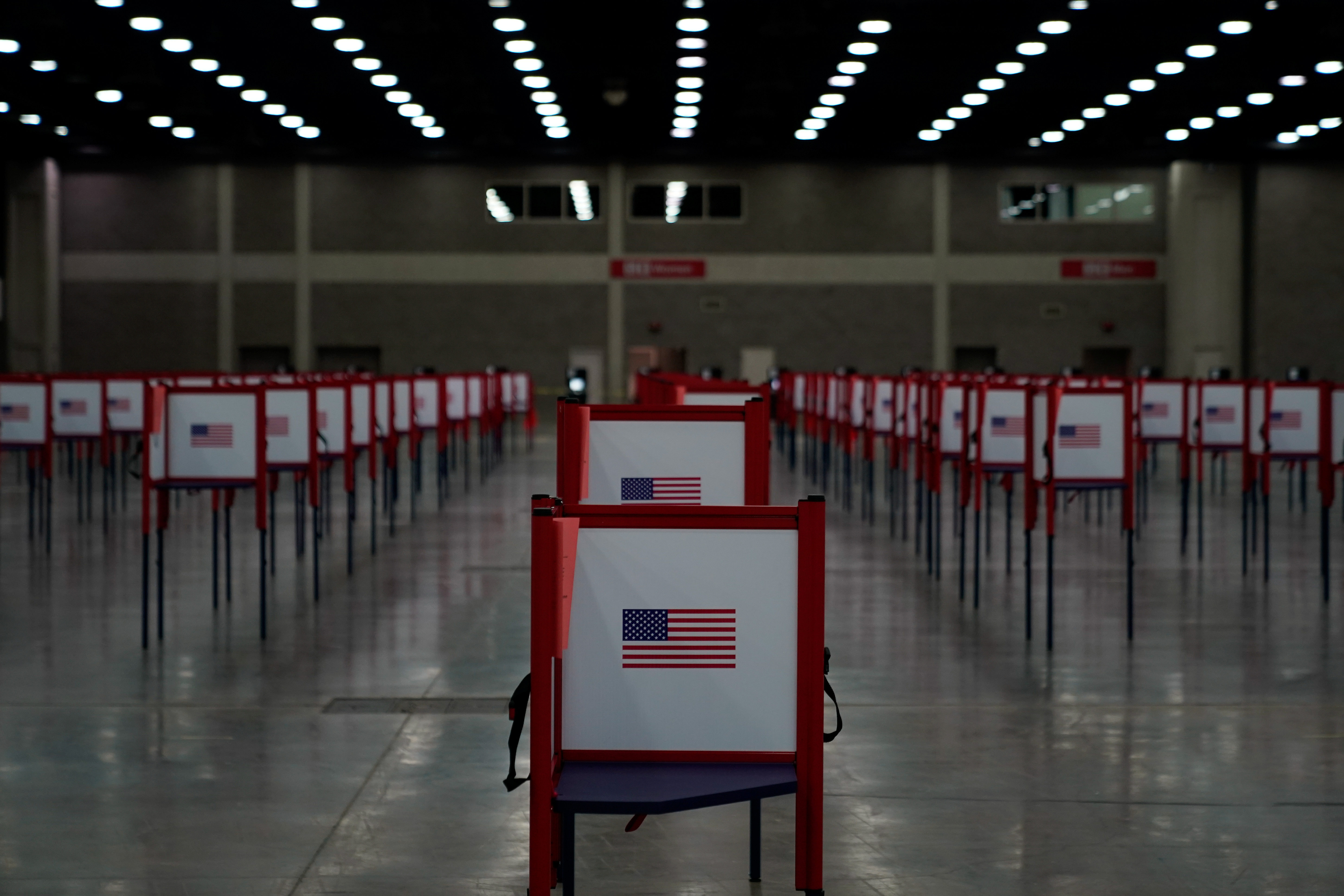 Voting booths stand on the floor of the Expo Center on the day of the primary election in Louisville, Kentucky