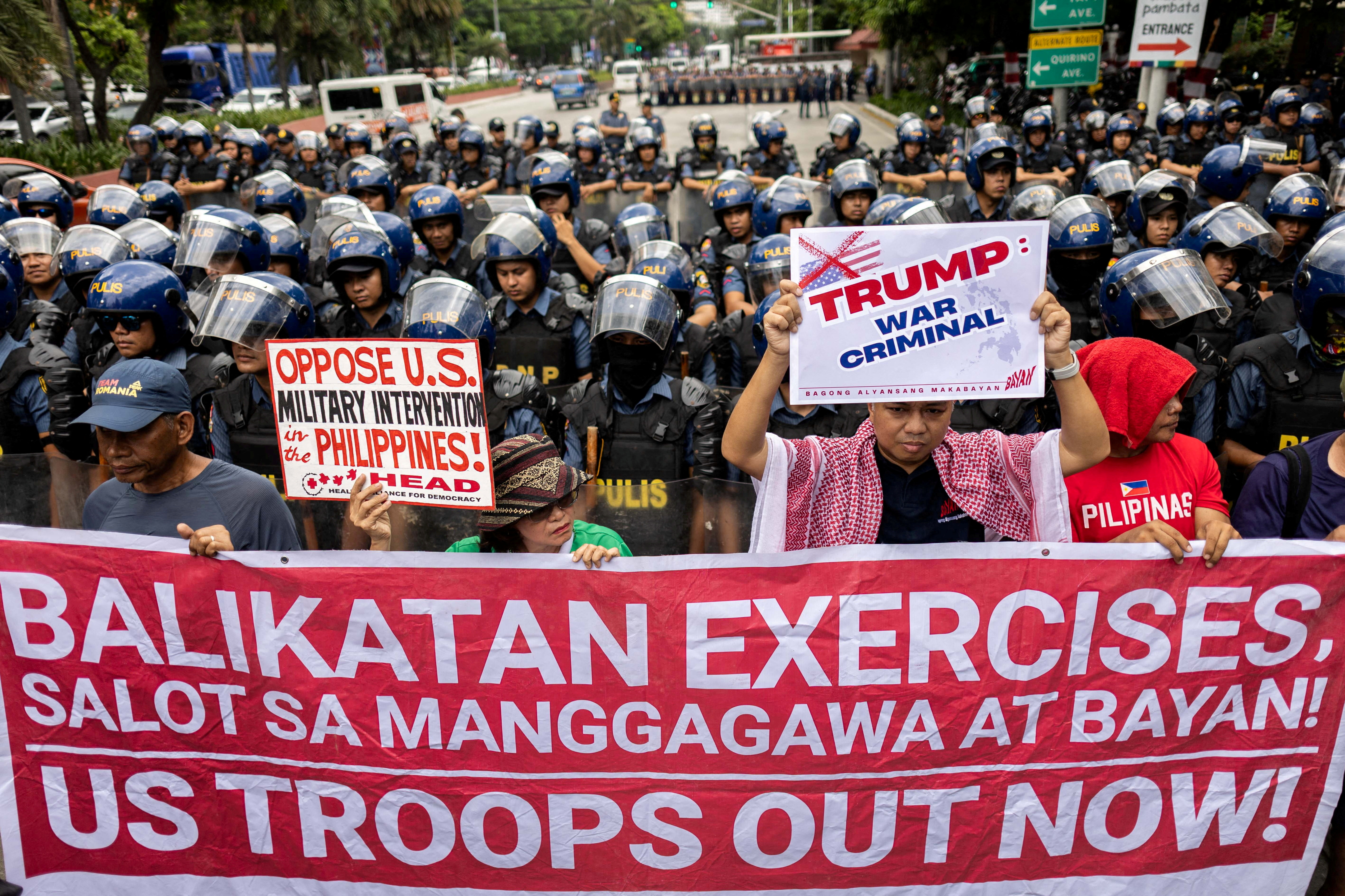 Filipino activists protest near the U.S. embassy, against the annual US-Philippines joint military exercises called "Balikatan" in Manila, Philippines, April 9, 2025. REUTERS/Eloisa Lopez TPX IMAGES OF THE DAY